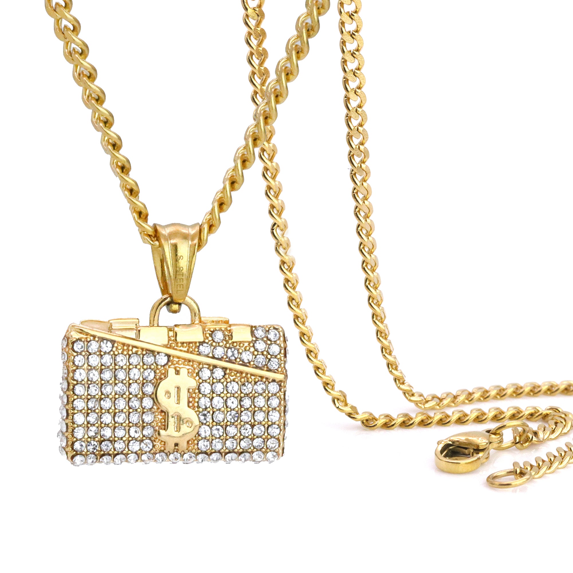 Icy Suitcase Money Sign Pendant 24" Cuban Chain Hip Hop Style 18k Gold Stainless Steel