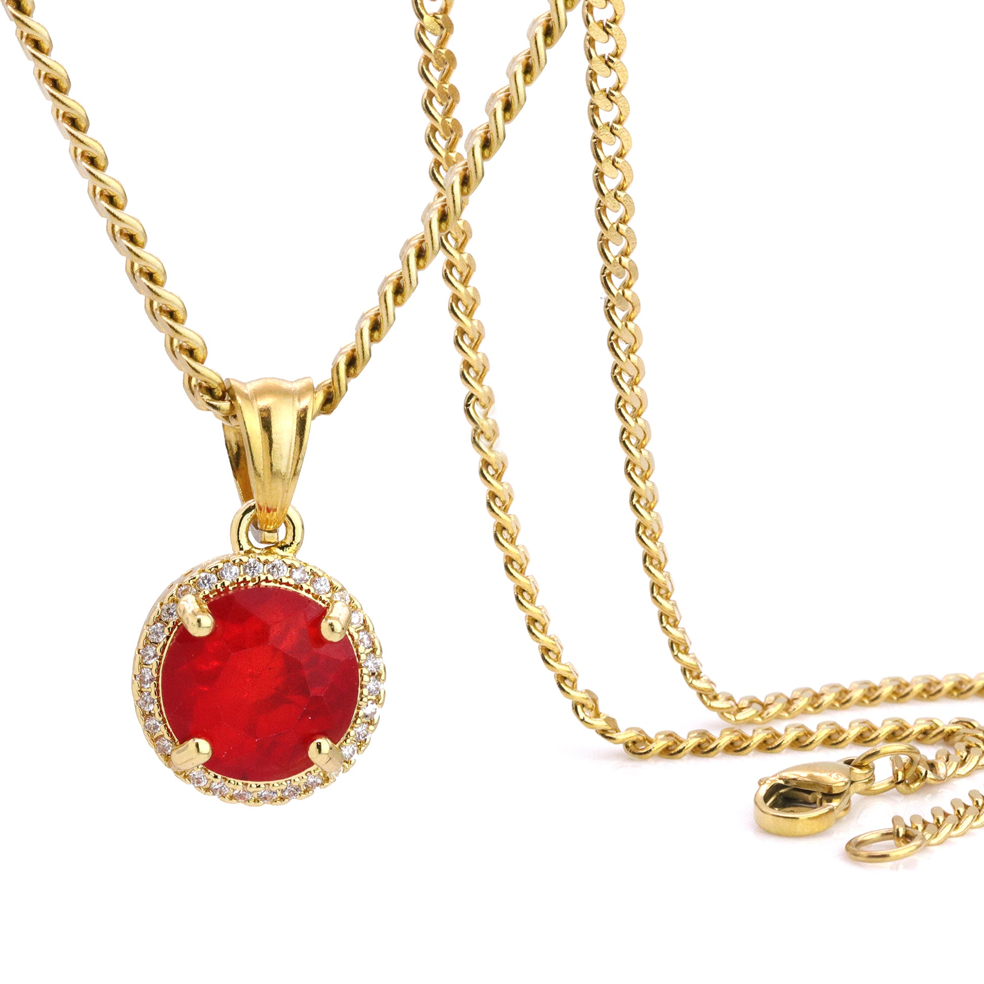 Red Round Ruby Pendant 24" Cuban Chain Hip Hop Style 18k Gold Stainless Steel