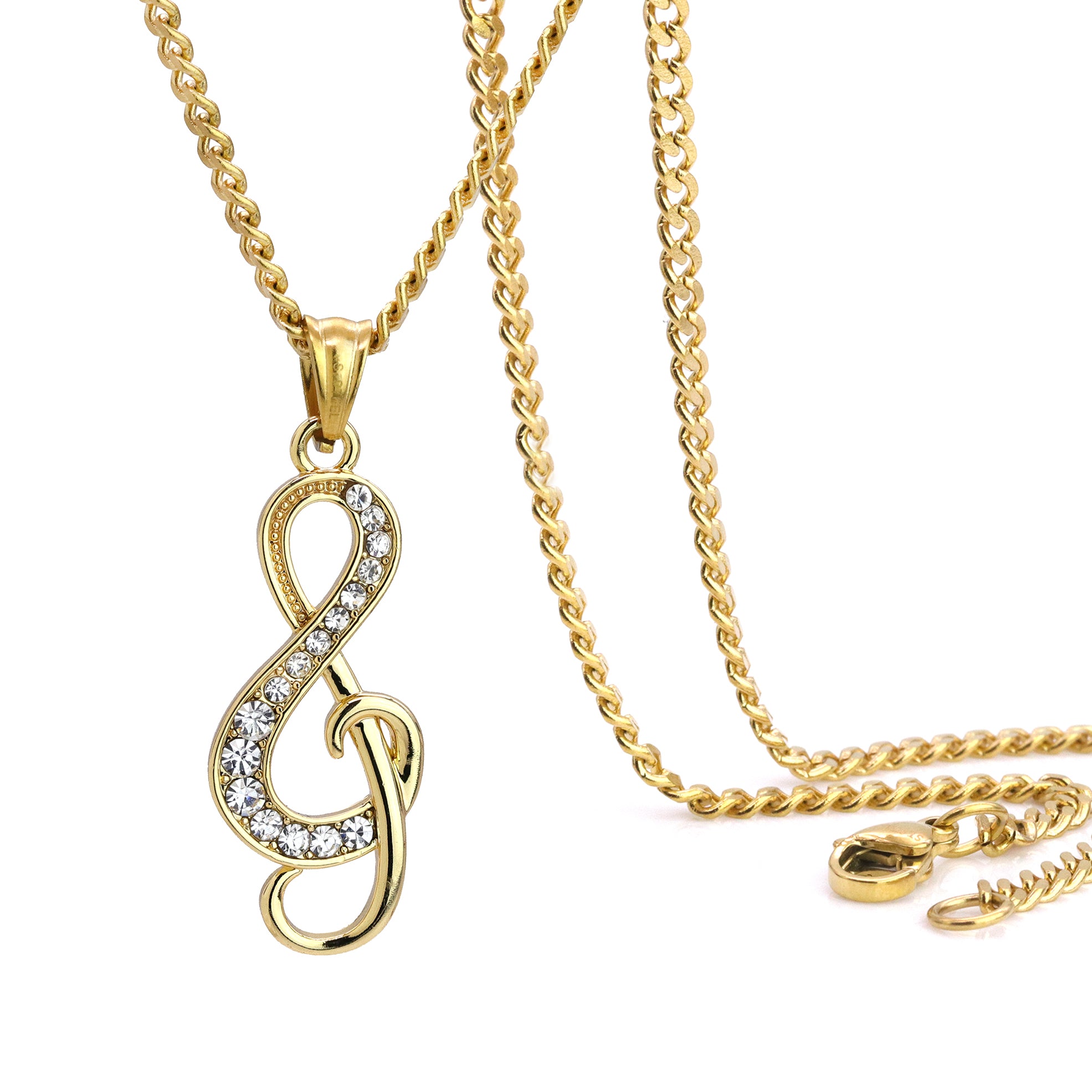 Music Note Pendant 24" Cuban Chain Hip Hop Style 18k Gold Stainless Steel
