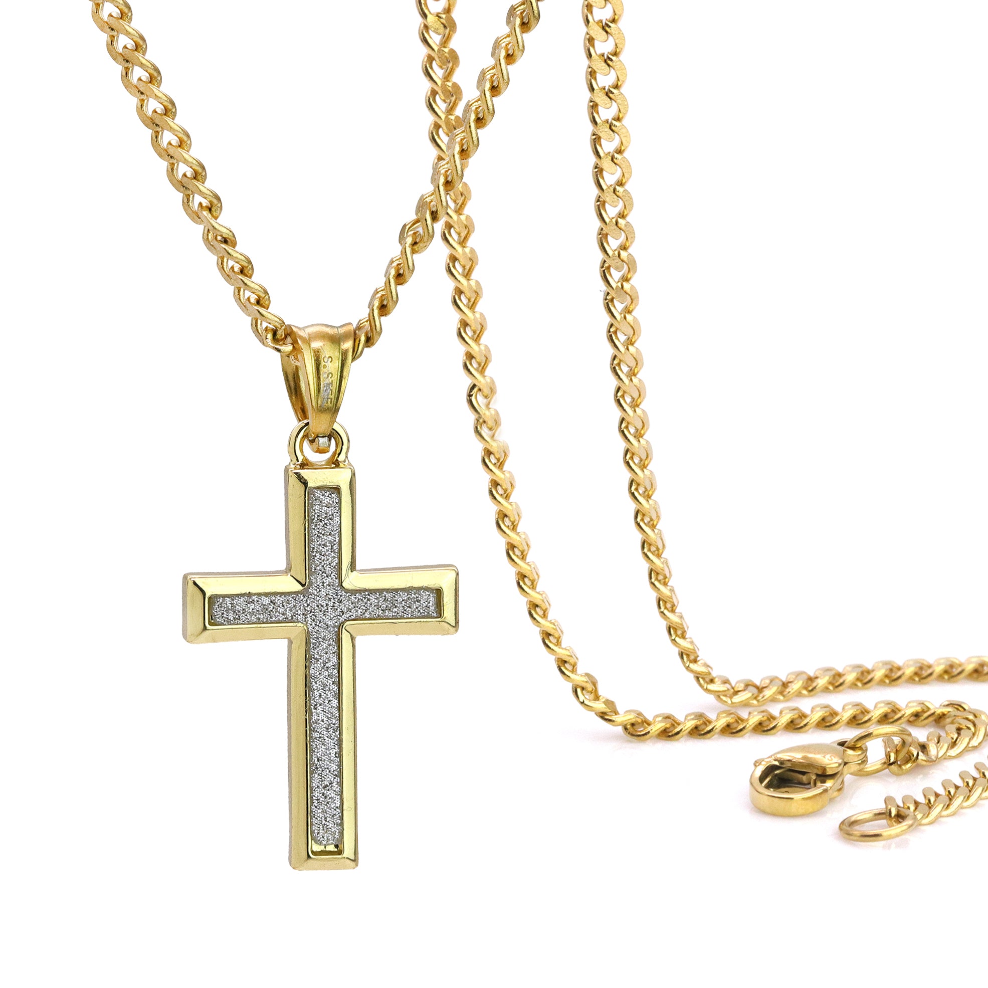 Slim Stardust Cross Pendant 24" Cuban Chain Hip Hop Style 18k Gold Stainless Steel