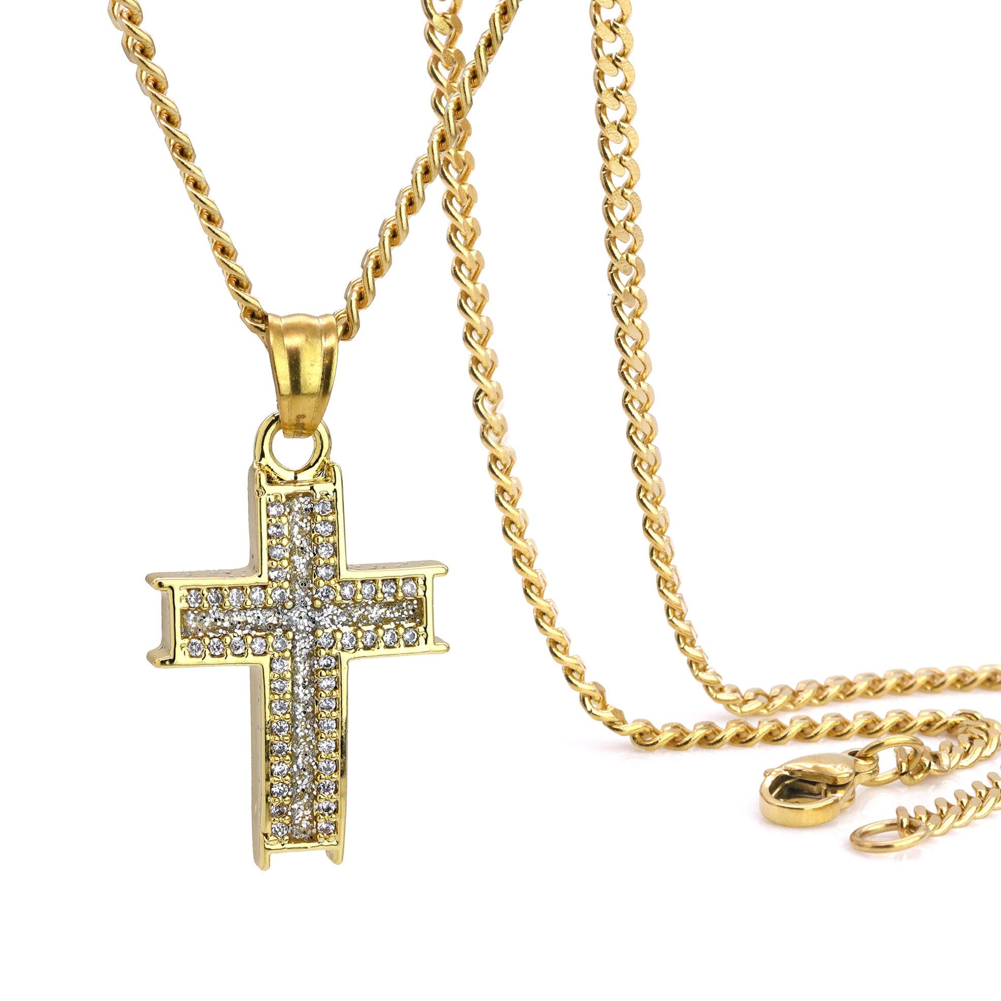 Forked Cross Pendant 24" Cuban Chain Hip Hop Style 18k Gold Stainless Steel