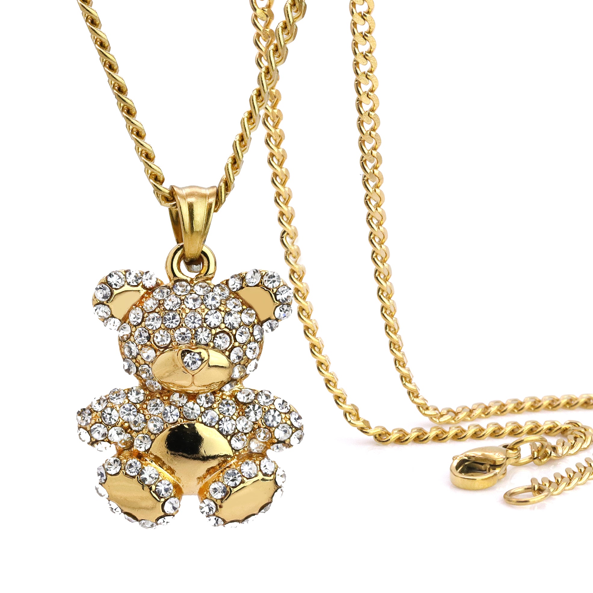 Teddy Bear Pendant 24" Cuban Chain Hip Hop Style 18k Gold Stainless Steel