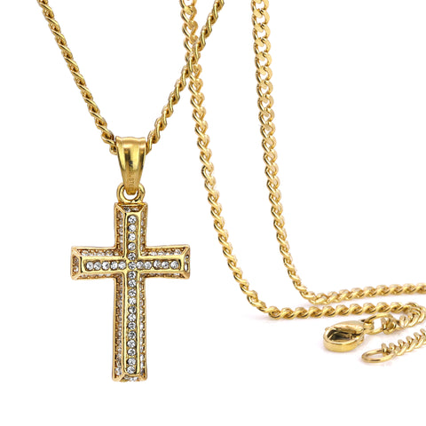 012 Cross Pendant 24" Cuban Chain Hip Hop Style 18k Gold Stainless Steel