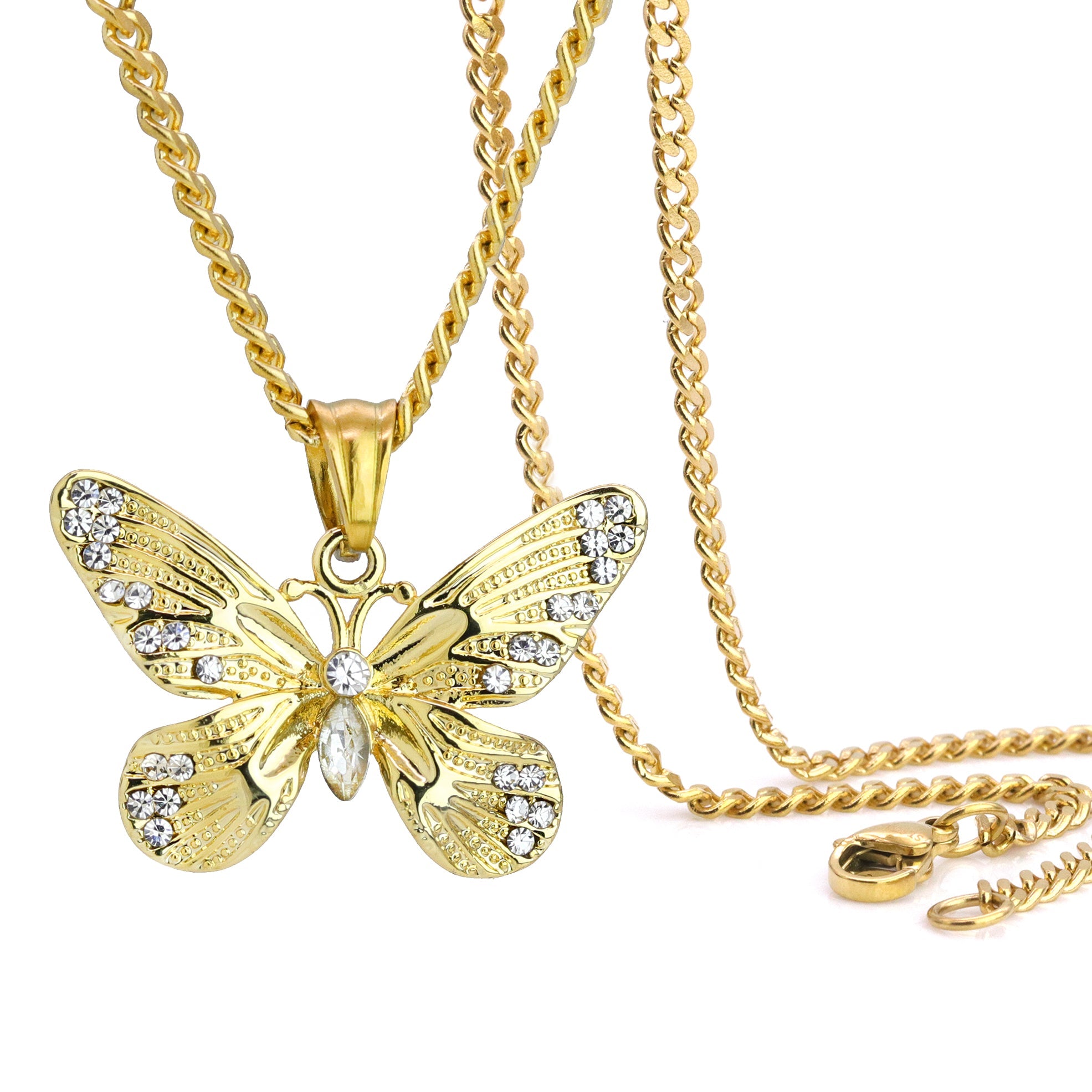 Butterfly Pendant 24" Cuban Chain Hip Hop Style 18k Gold Stainless Steel