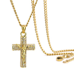 012 Jesus Cross Pendant 24" Cuban Chain Hip Hop Style 18k Gold Stainless Steel
