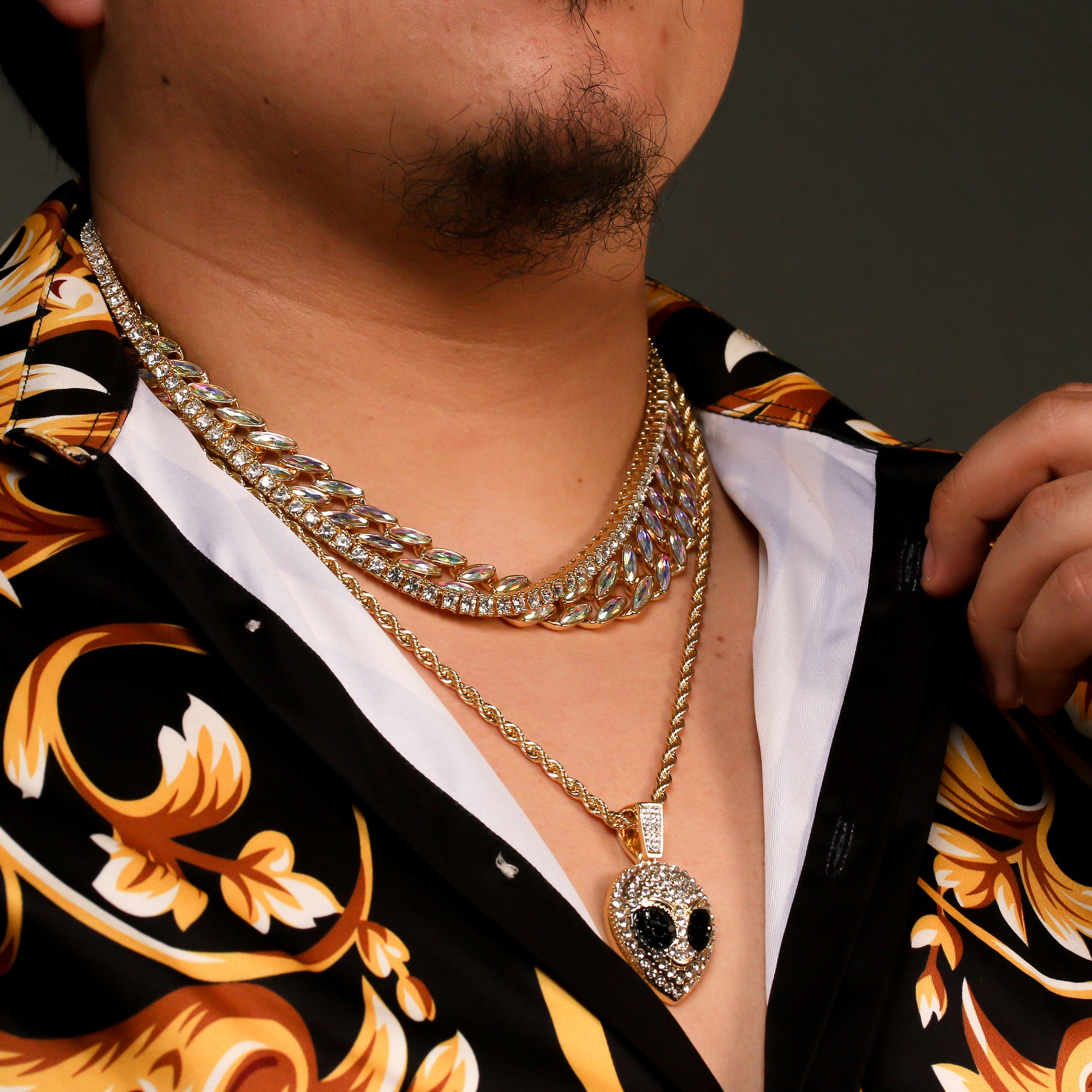 High Fashion Gold Plated AB Cuban Tennis Chains & Cz Alien Head Pendant