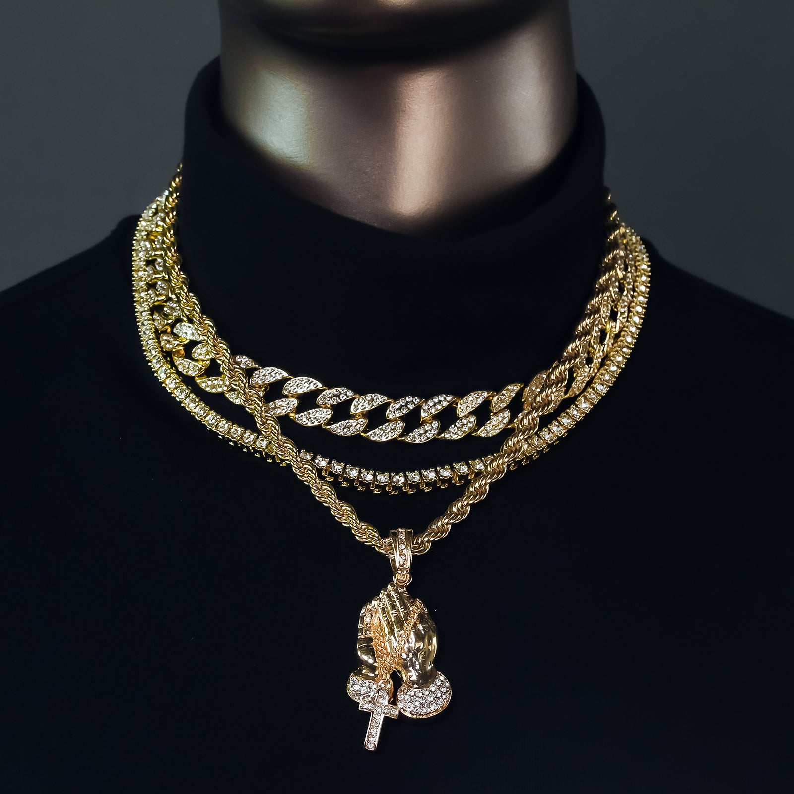 Prayer Hand Cross 4 Pcs Set Clear Cz Cuban, Tennis & Rope Chain Bundle Gold PT