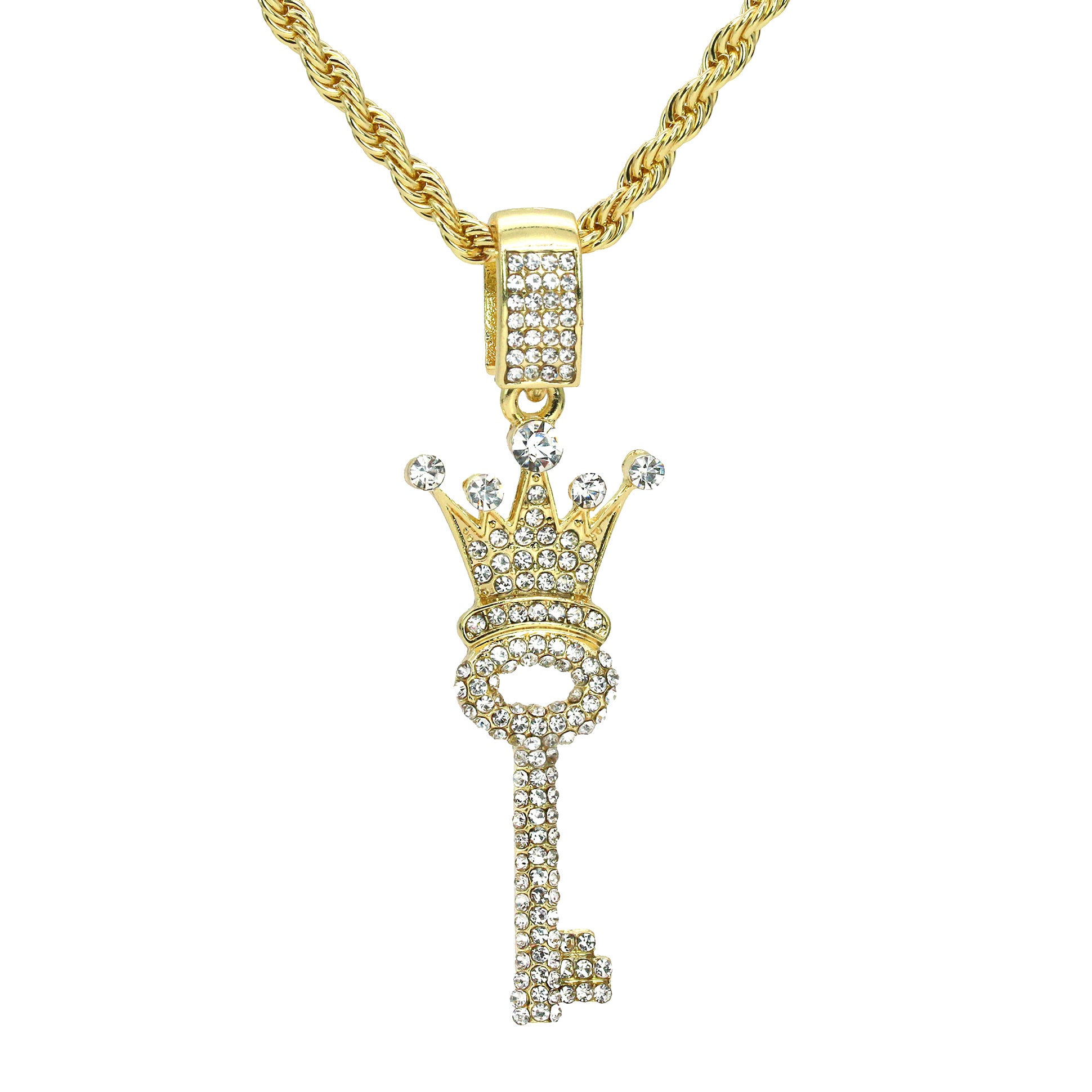 OG Crowned Key Pendant Rope Necklace Chain Men's Hip Hop 18k Cz Jewelry
