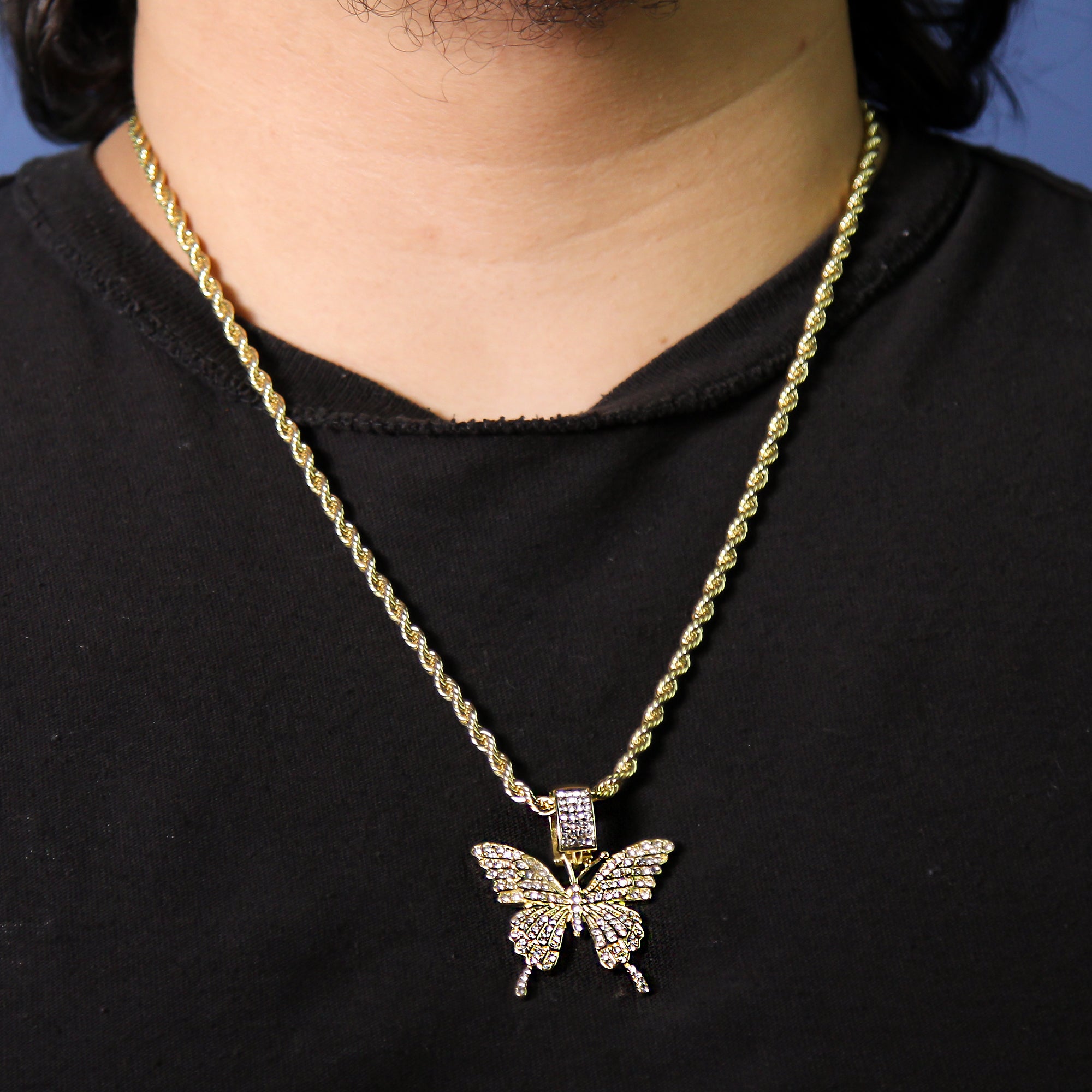 Hip Hop Butterfly Pendant 18k Gold Plated Rope Necklace with Cubic Zirconia Simulated Diamond for Men Women
