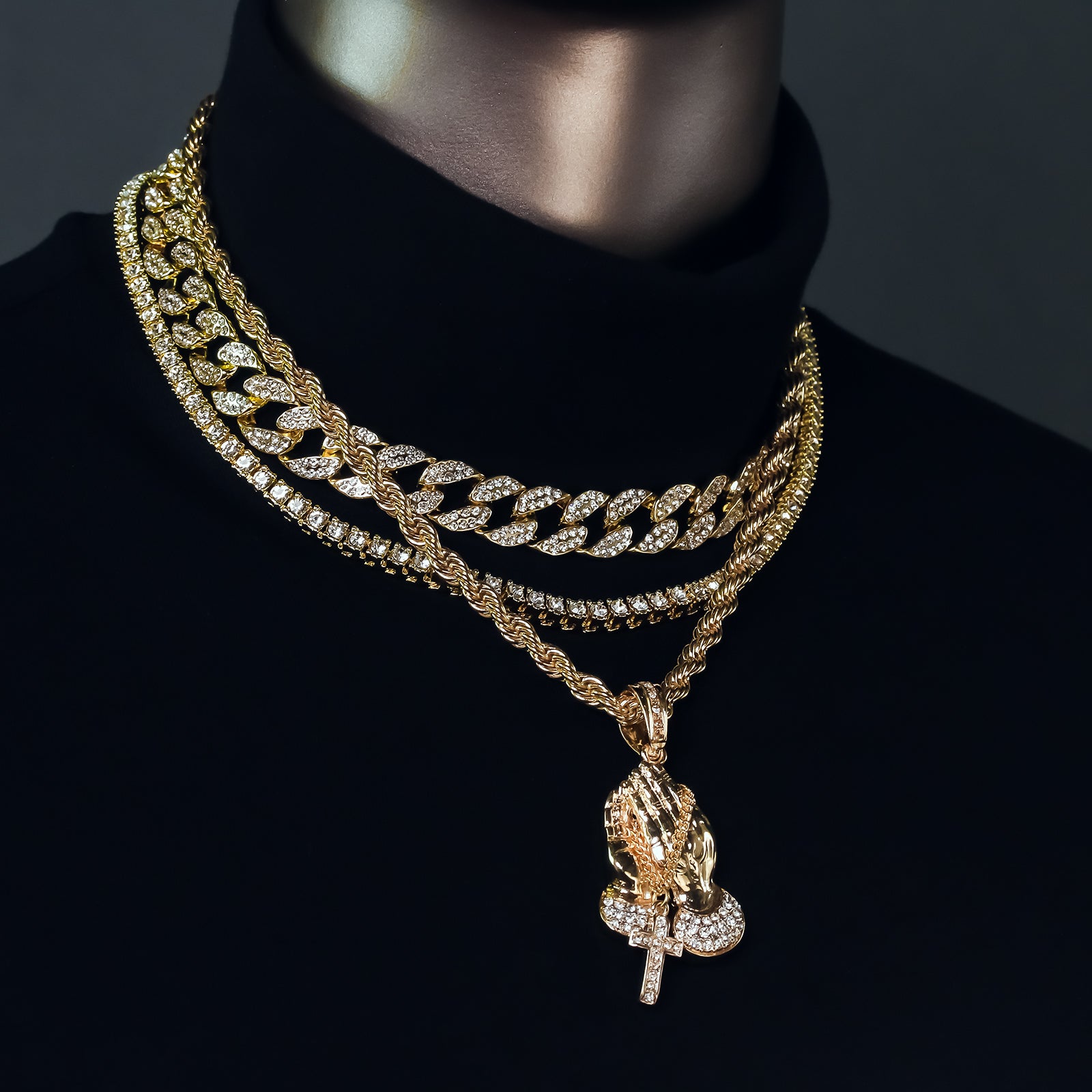 Prayer Hand Cross 4 Pcs Set Clear Cz Cuban, Tennis & Rope Chain Bundle Gold PT