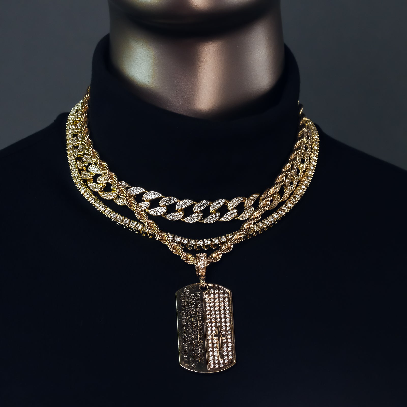 Prayer Dog Tag 4 Pcs Set Clear Cz Cuban, Tennis & Rope Chain Bundle Gold PT