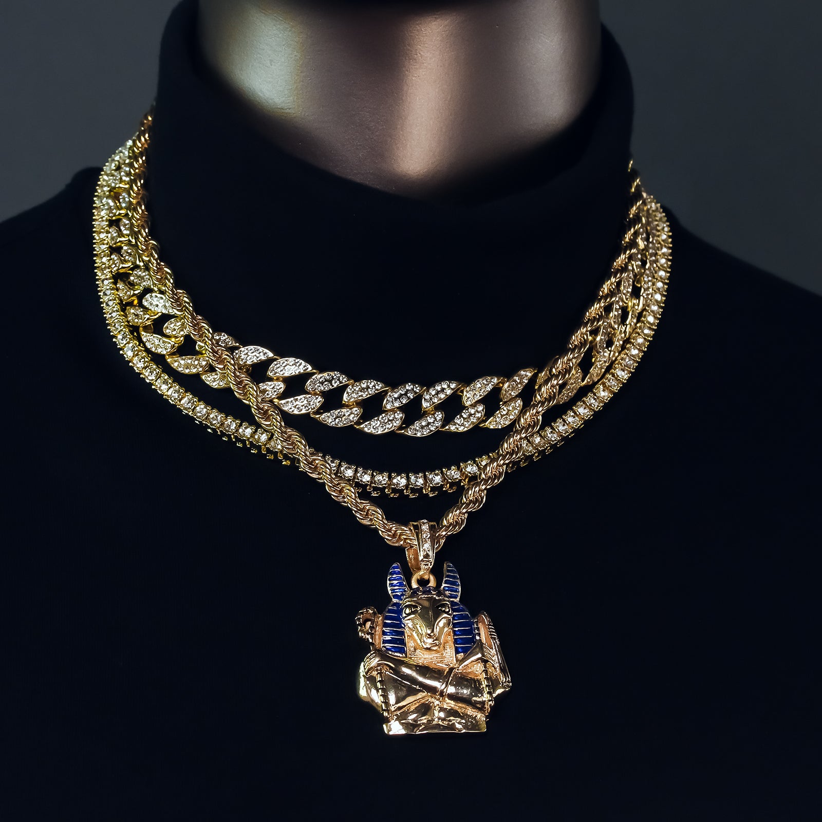 Egyptian God Seth 4 Pcs Set Clear Cz Cuban, Tennis & Rope Chain Bundle Gold PT