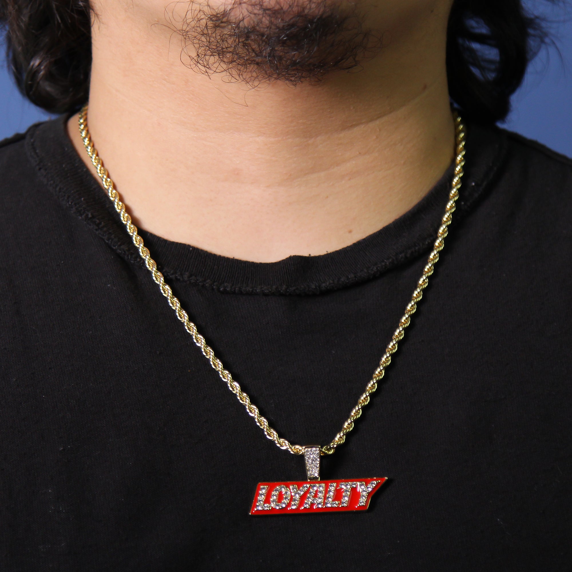 Hip Hop Loyalty Block Pendant 18k Gold Plated Rope Necklace with Cubic Zirconia Simulated Diamond for Men Women
