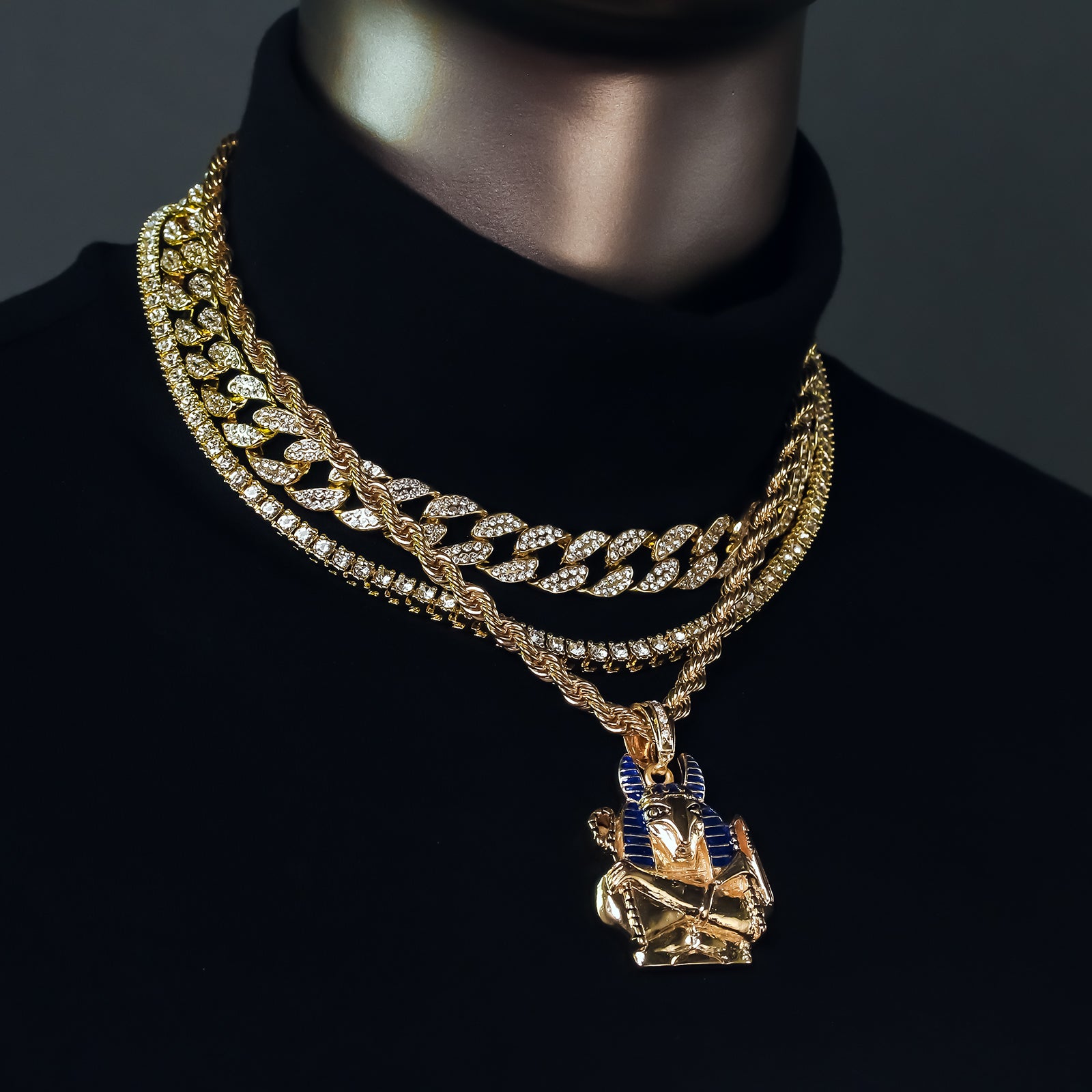 Egyptian God Seth 4 Pcs Set Clear Cz Cuban, Tennis & Rope Chain Bundle Gold PT