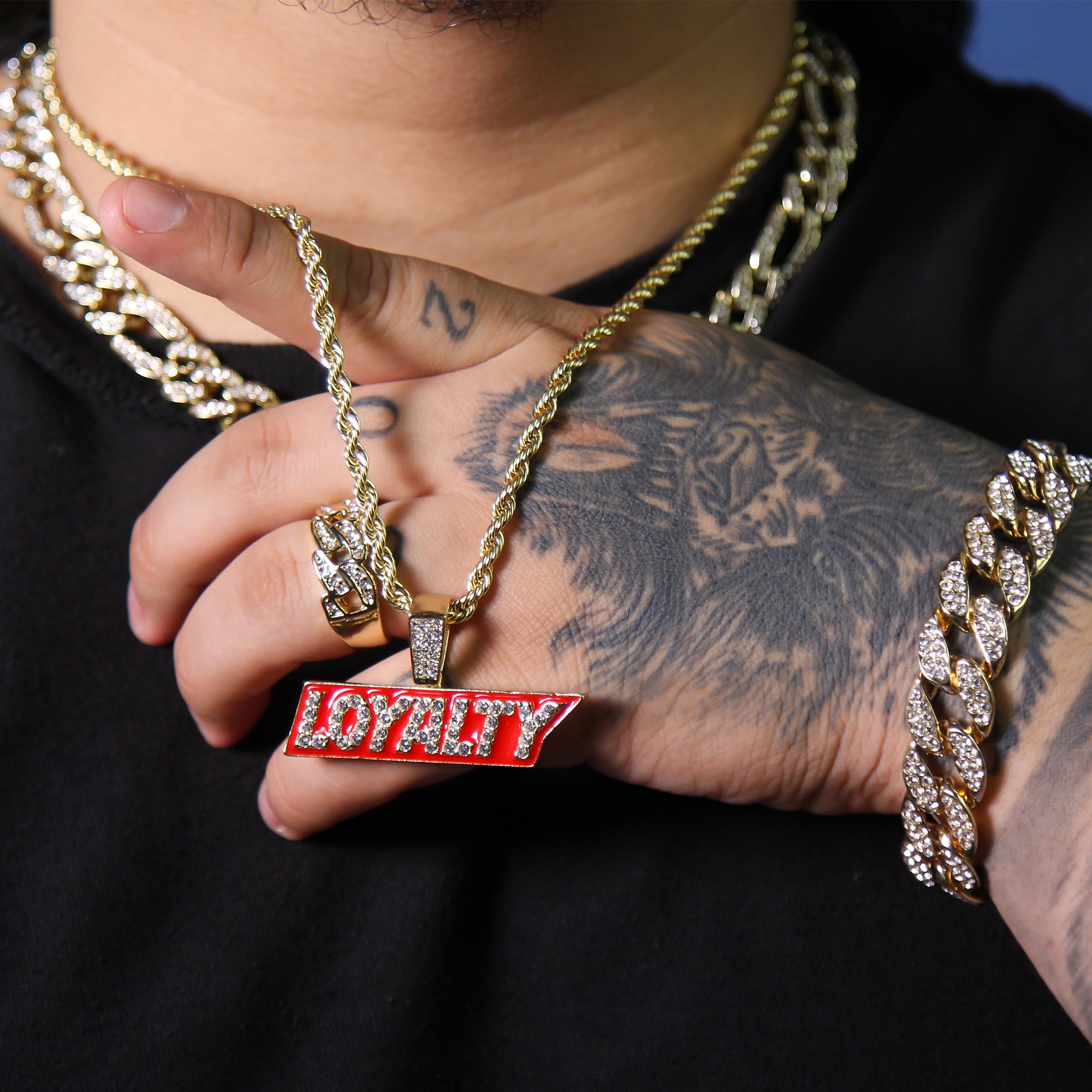 Hip Hop Loyalty Block Pendant 18k Gold Plated Rope Necklace with Cubic Zirconia Simulated Diamond for Men Women