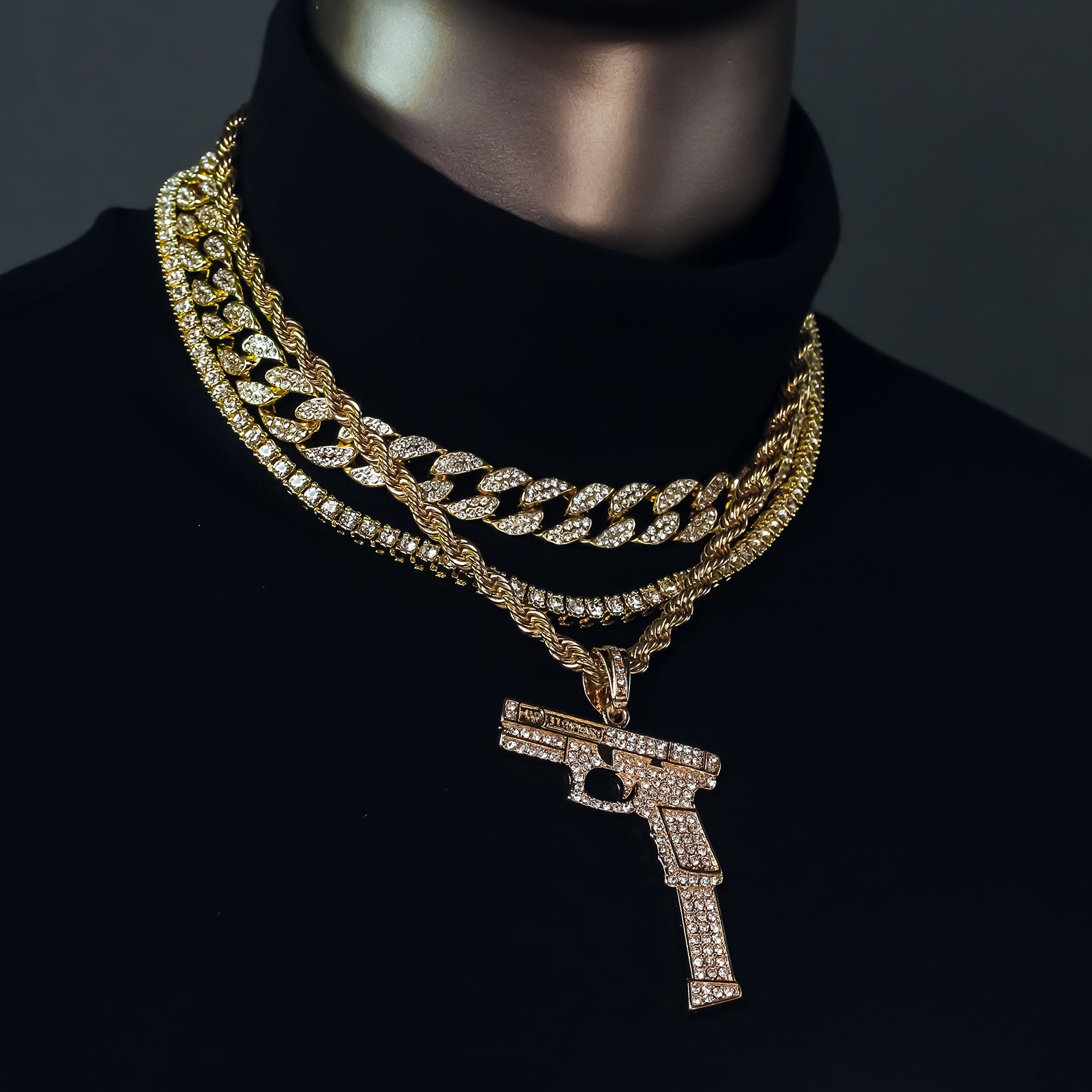 Hand Gun Extend 4 Pcs Set Clear Cz Cuban, Tennis & Rope Chain Bundle Gold PT