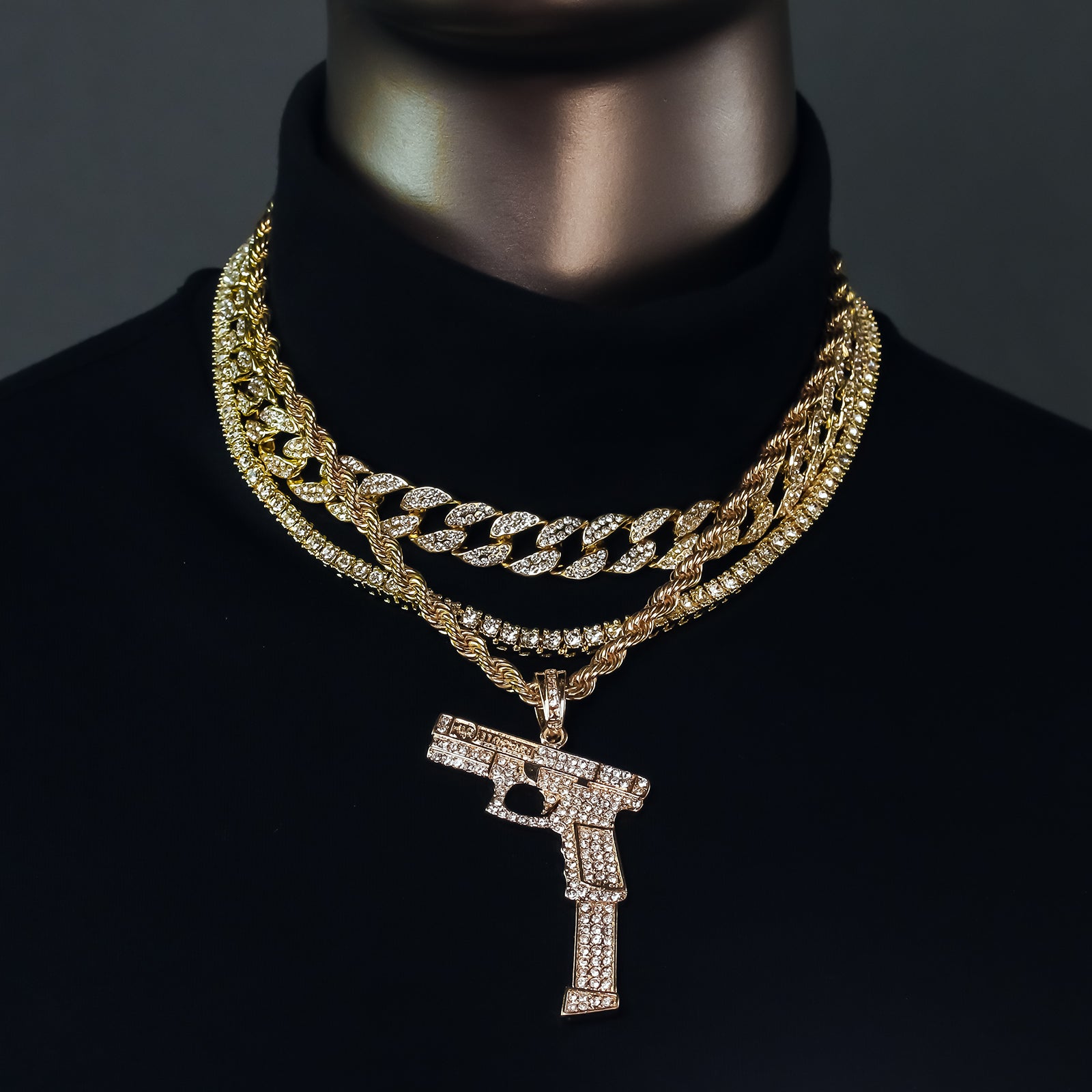 Hand Gun Extend 4 Pcs Set Clear Cz Cuban, Tennis & Rope Chain Bundle Gold PT