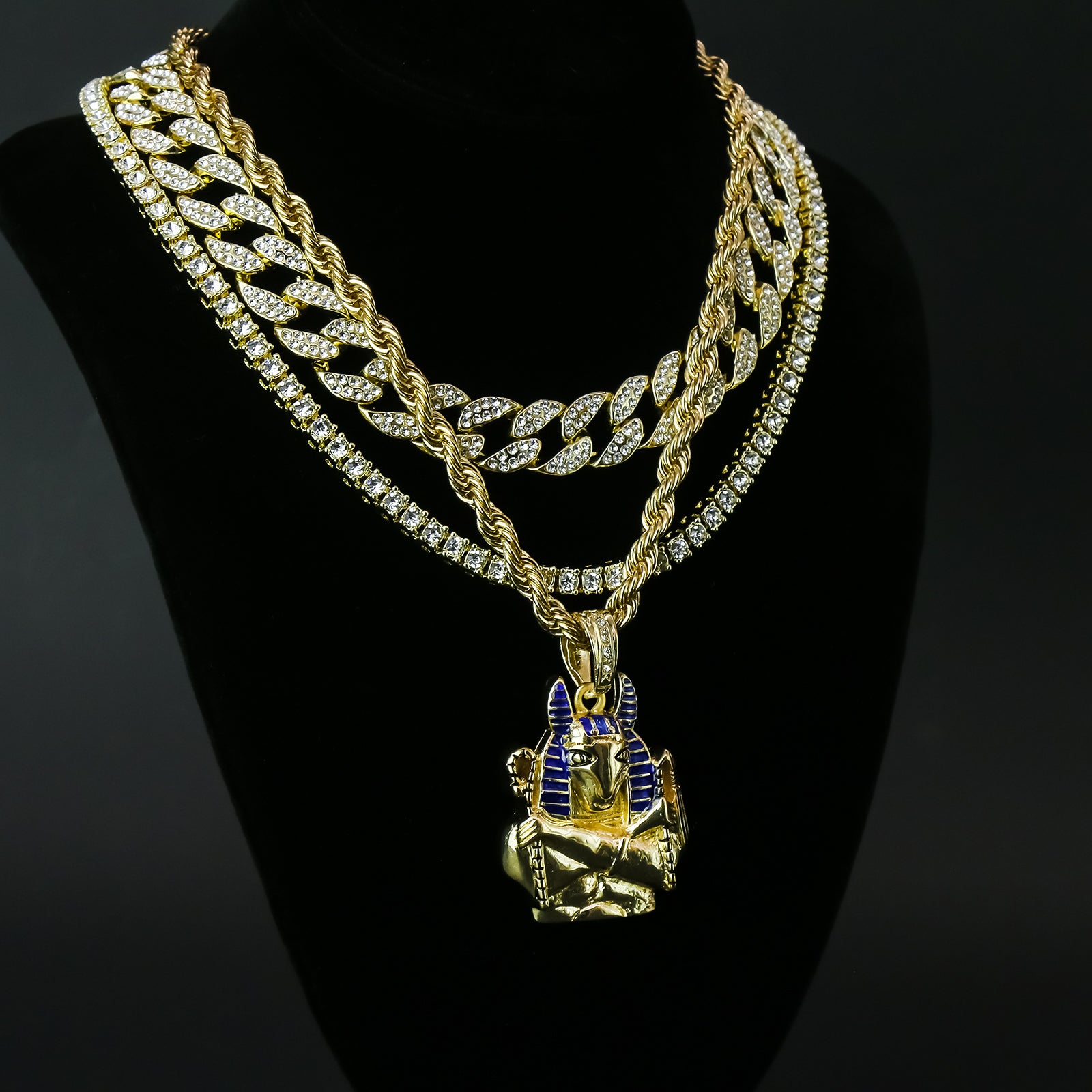Egyptian God Seth 4 Pcs Set Clear Cz Cuban, Tennis & Rope Chain Bundle Gold PT