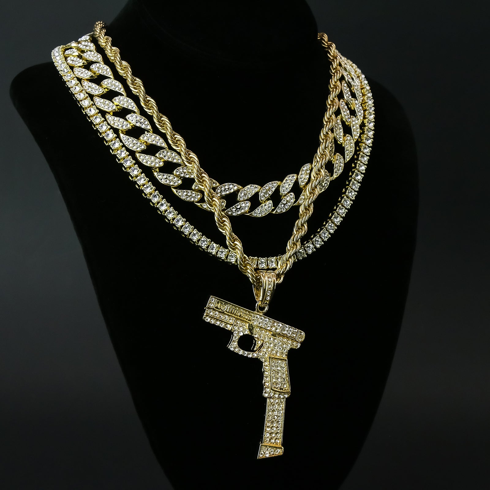 Hand Gun Extend 4 Pcs Set Clear Cz Cuban, Tennis & Rope Chain Bundle Gold PT