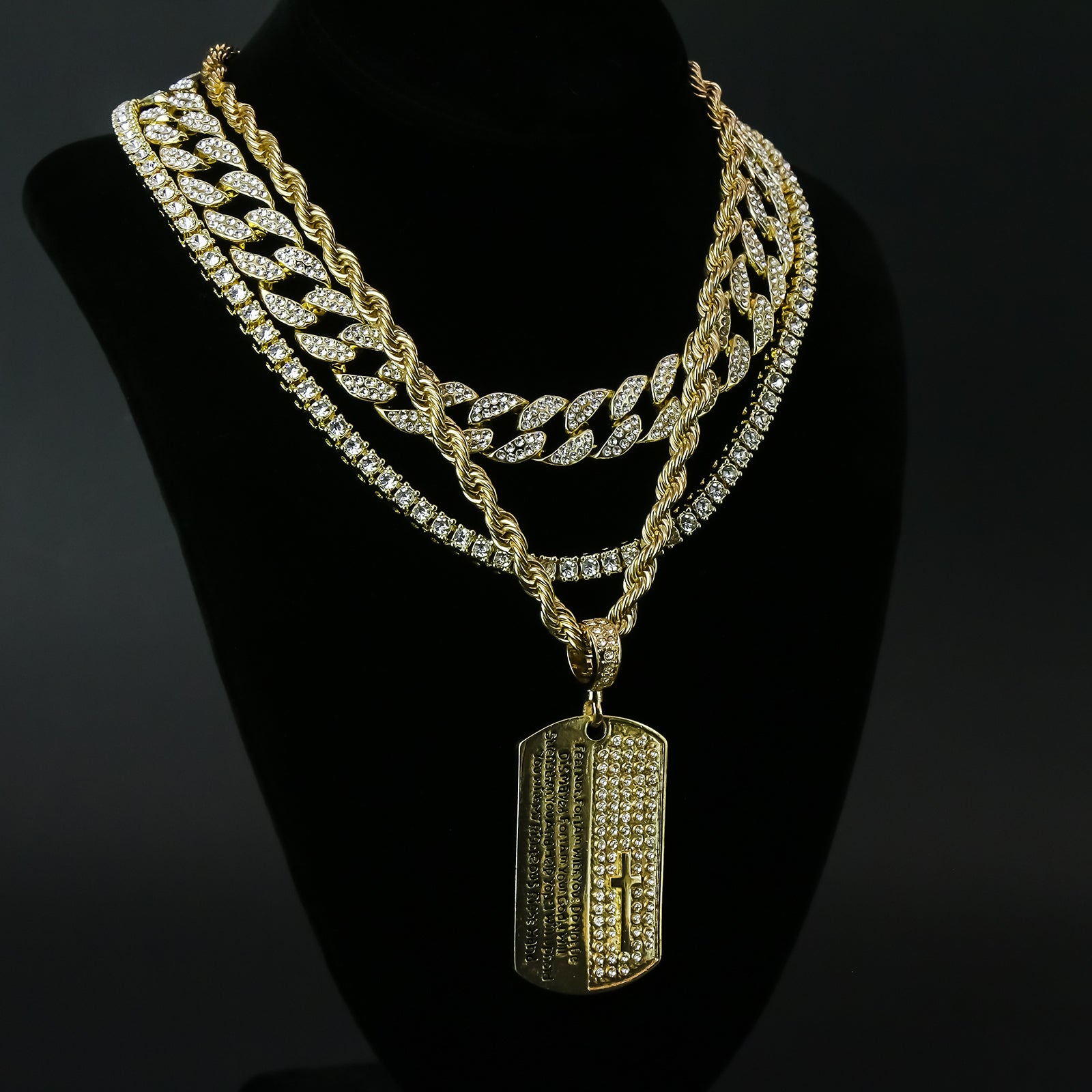 Prayer Dog Tag 4 Pcs Set Clear Cz Cuban, Tennis & Rope Chain Bundle Gold PT