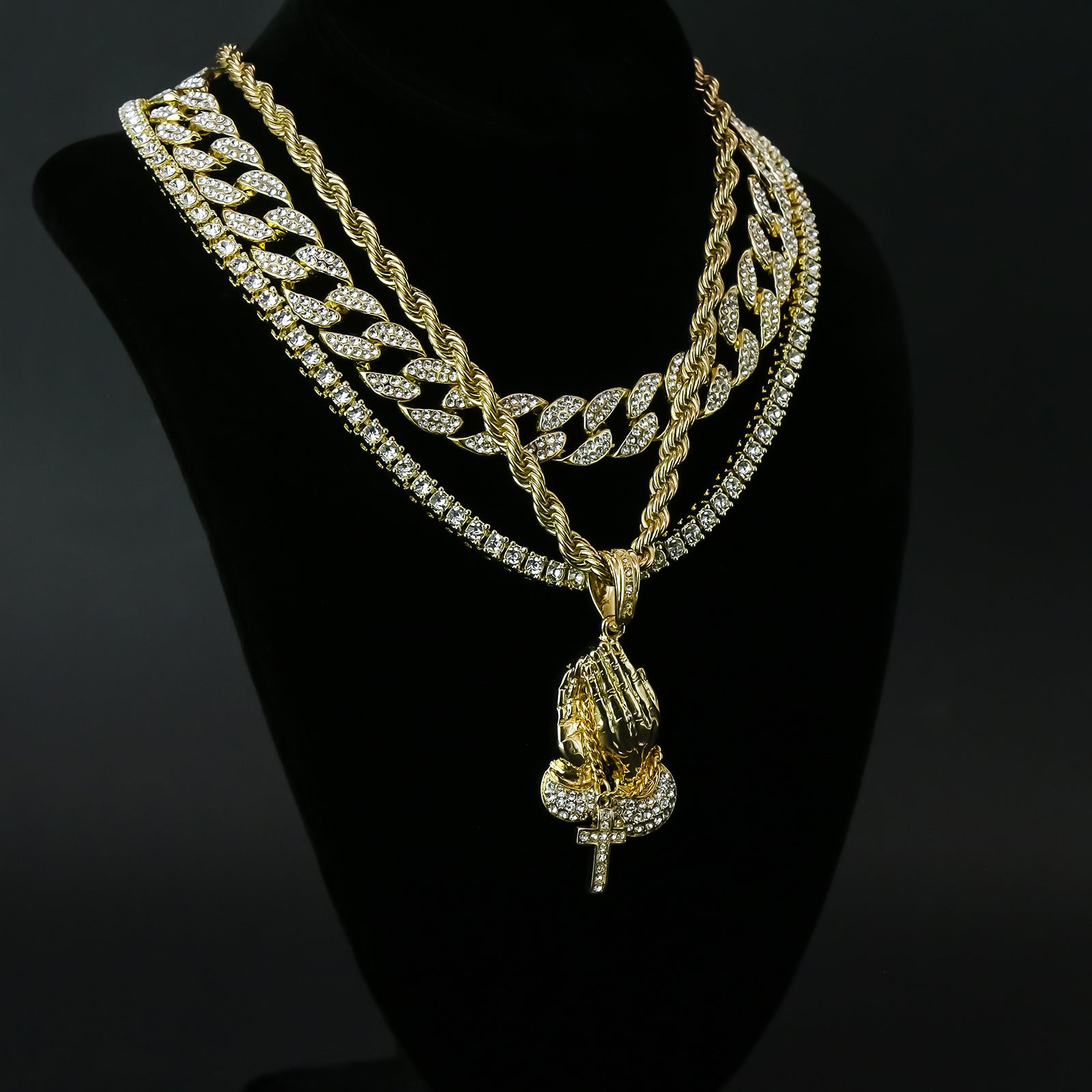 Prayer Hand Cross 4 Pcs Set Clear Cz Cuban, Tennis & Rope Chain Bundle Gold PT