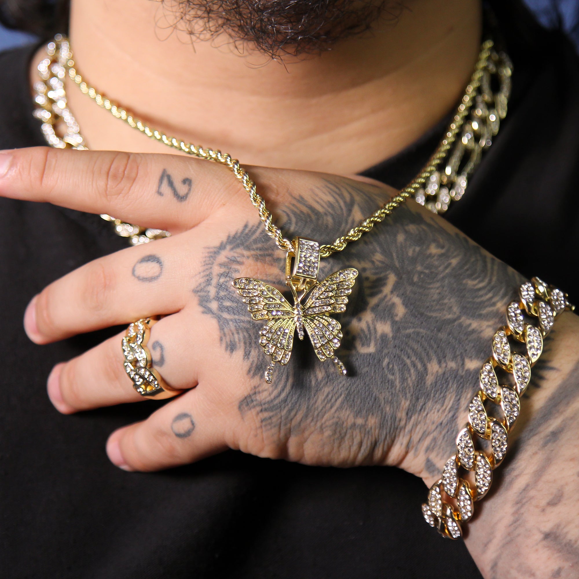 Hip Hop Butterfly Pendant 18k Gold Plated Rope Necklace with Cubic Zirconia Simulated Diamond for Men Women