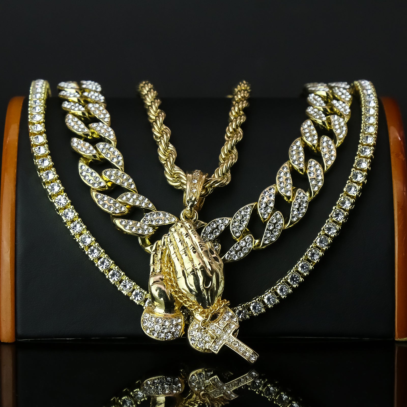 Prayer Hand Cross 4 Pcs Set Clear Cz Cuban, Tennis & Rope Chain Bundle Gold PT