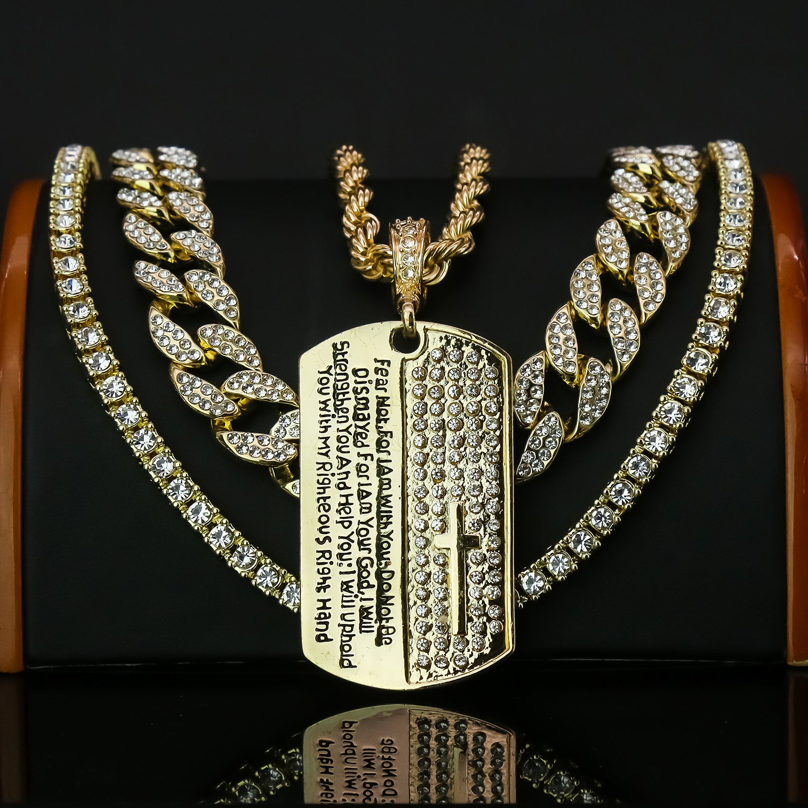 Prayer Dog Tag 4 Pcs Set Clear Cz Cuban, Tennis & Rope Chain Bundle Gold PT