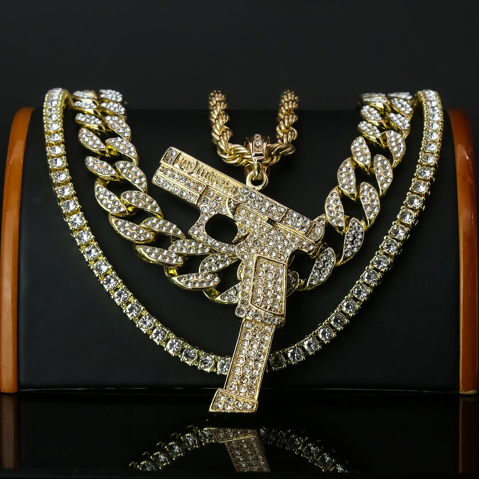 Hand Gun Extend 4 Pcs Set Clear Cz Cuban, Tennis & Rope Chain Bundle Gold PT