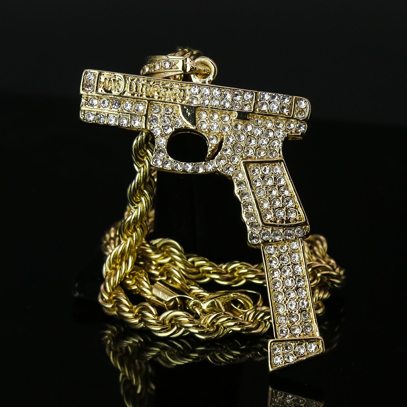 Hand Gun Extend 4 Pcs Set Clear Cz Cuban, Tennis & Rope Chain Bundle Gold PT