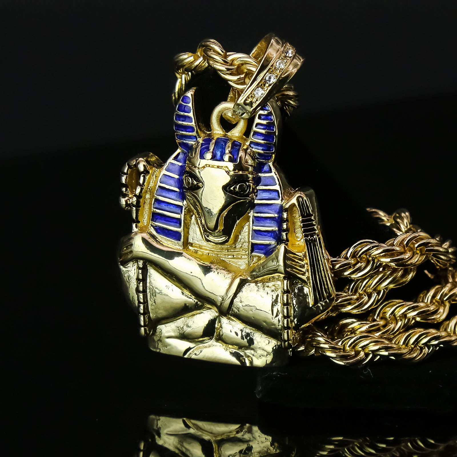 Egyptian God Seth 4 Pcs Set Clear Cz Cuban, Tennis & Rope Chain Bundle Gold PT