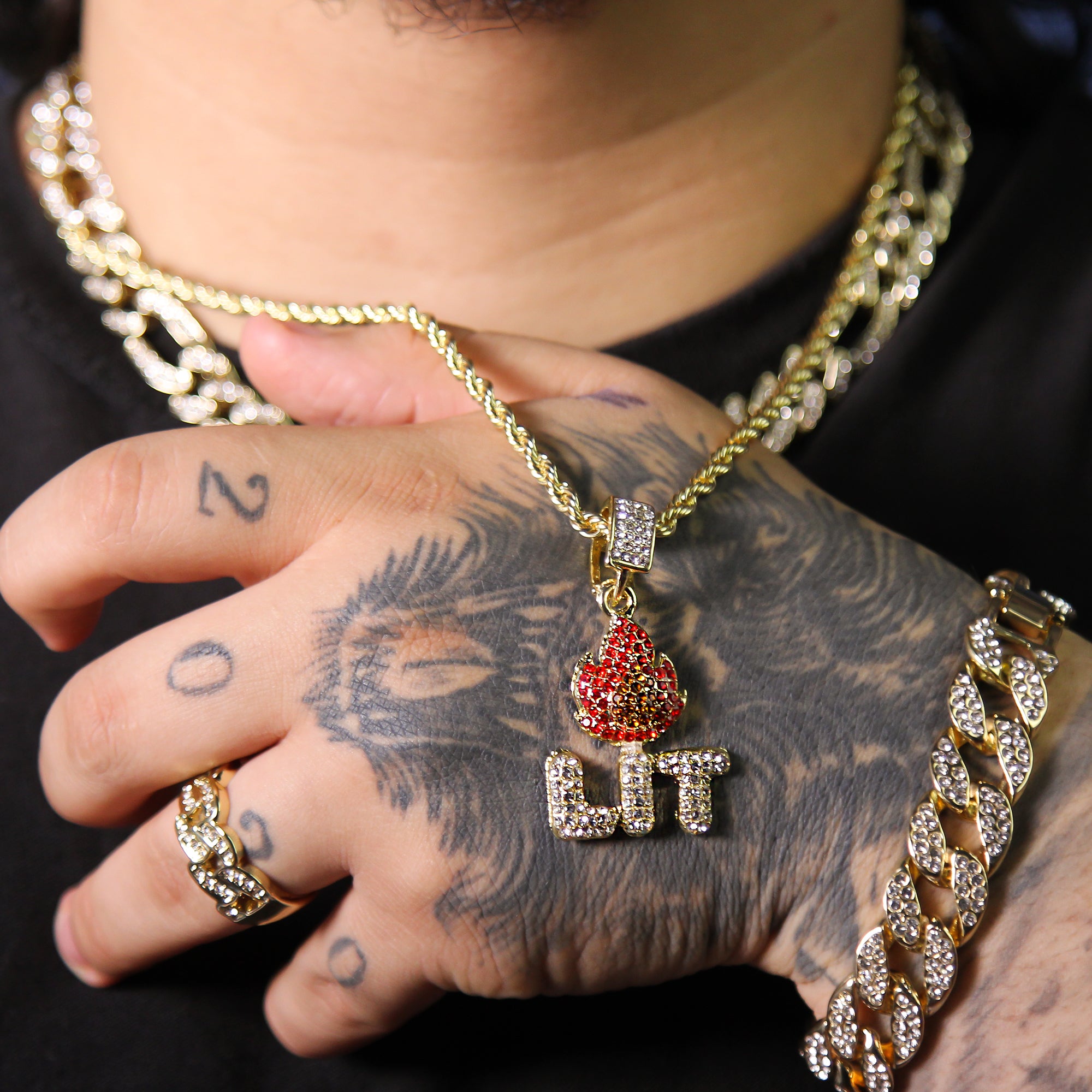 Lit Fire Pendant Rope Necklace Chain Men's Gold Hip Hop 18k Cz Jewelry