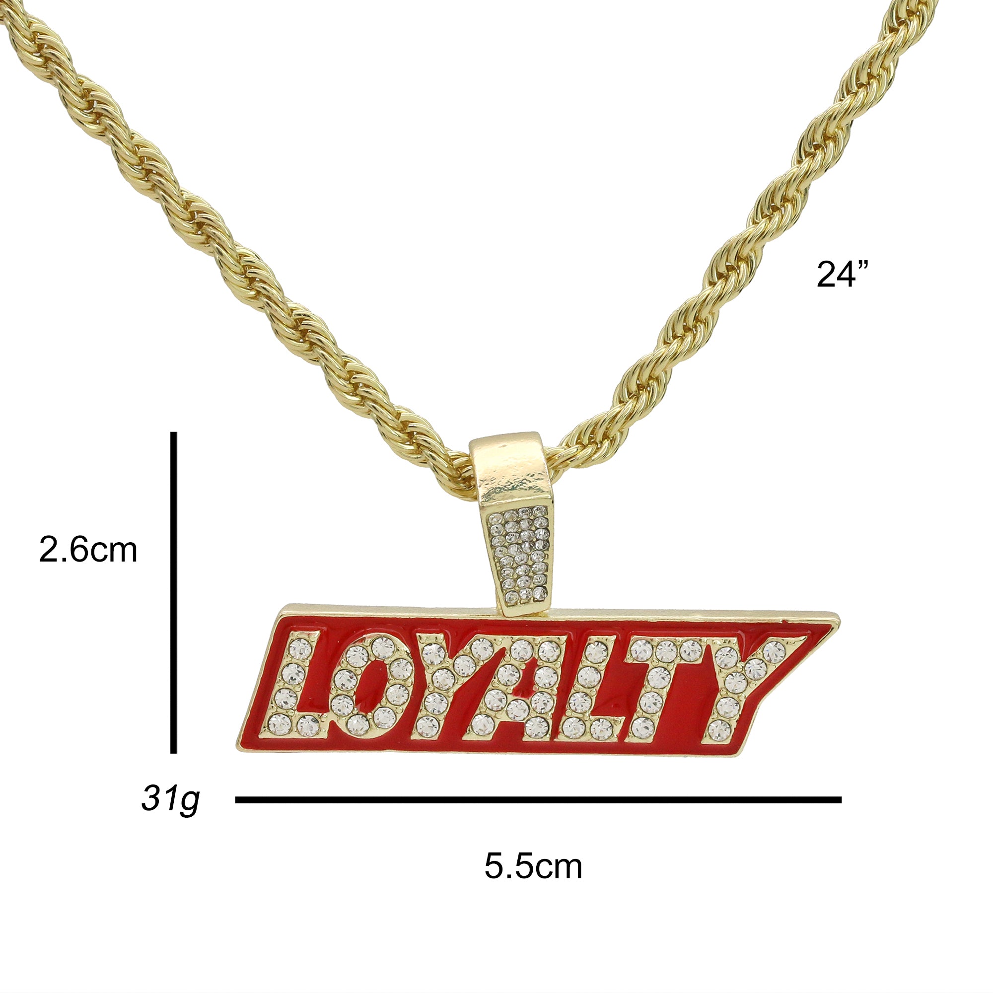 Hip Hop Loyalty Block Pendant 18k Gold Plated Rope Necklace with Cubic Zirconia Simulated Diamond for Men Women