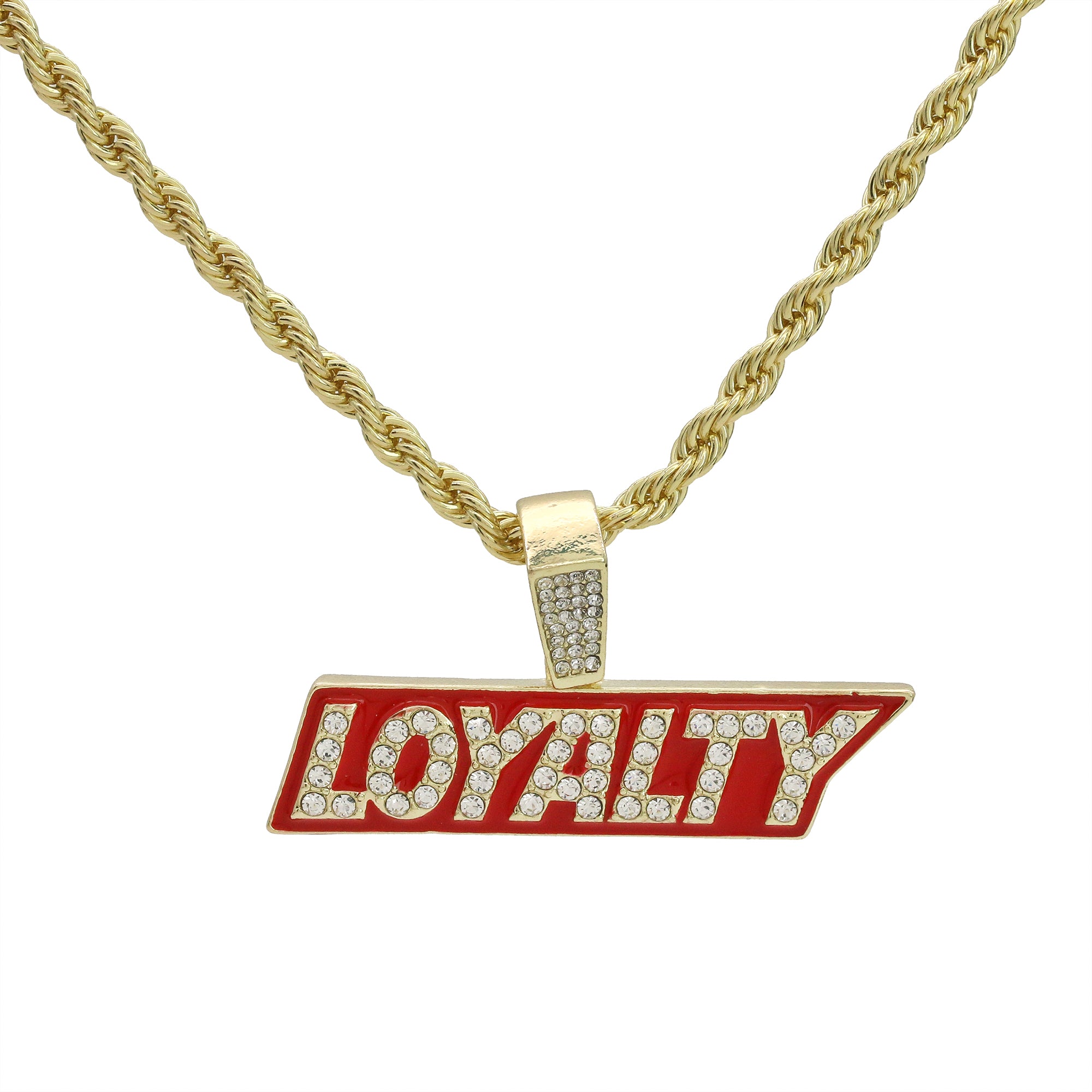 Hip Hop Loyalty Block Pendant 18k Gold Plated Rope Necklace with Cubic Zirconia Simulated Diamond for Men Women