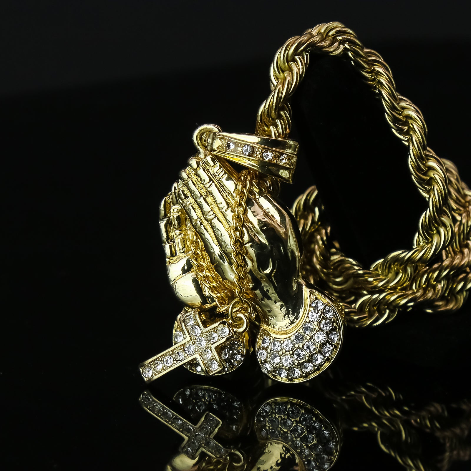 Prayer Hand Cross 4 Pcs Set Clear Cz Cuban, Tennis & Rope Chain Bundle Gold PT