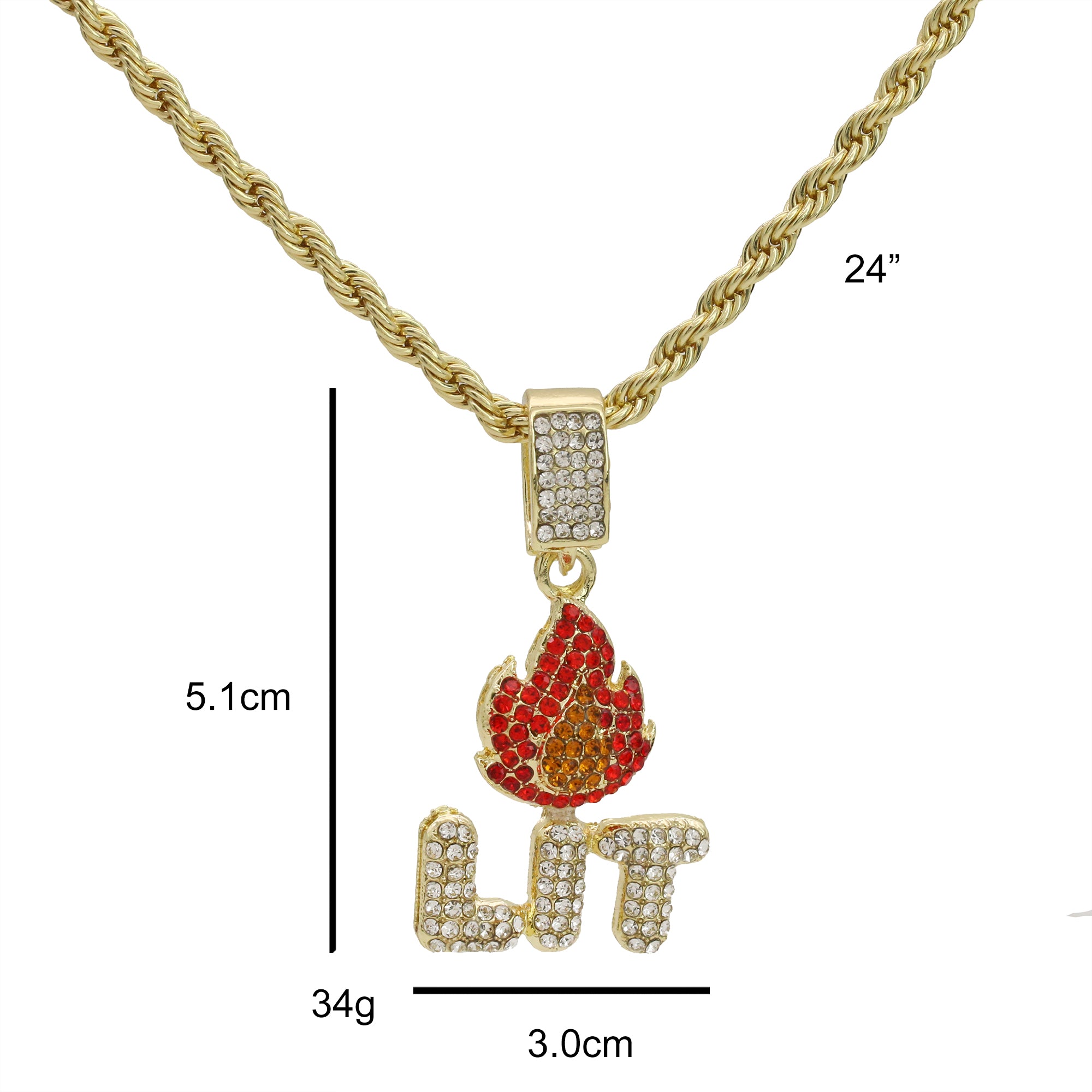Lit Fire Pendant Rope Necklace Chain Men's Gold Hip Hop 18k Cz Jewelry