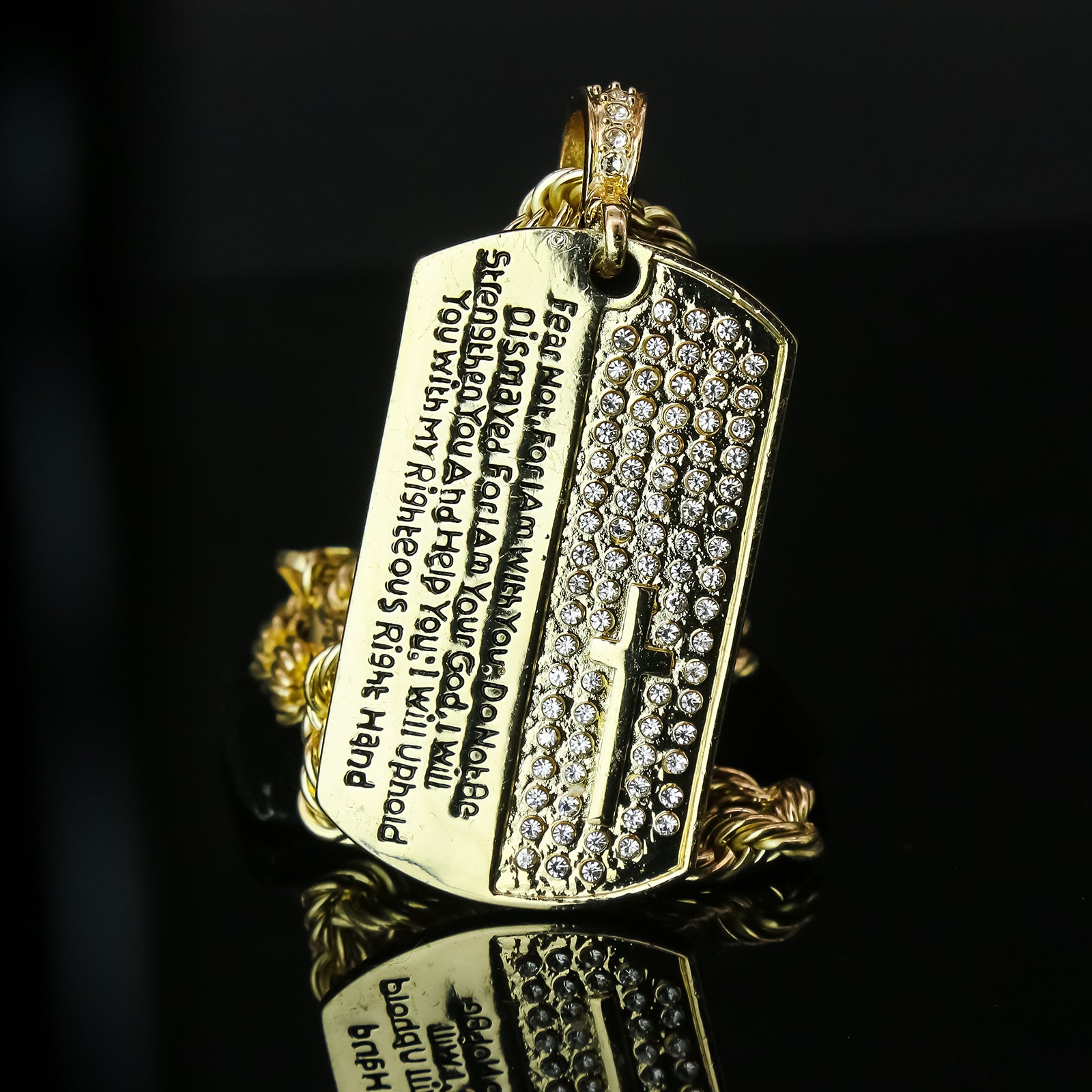 Prayer Dog Tag 4 Pcs Set Clear Cz Cuban, Tennis & Rope Chain Bundle Gold PT