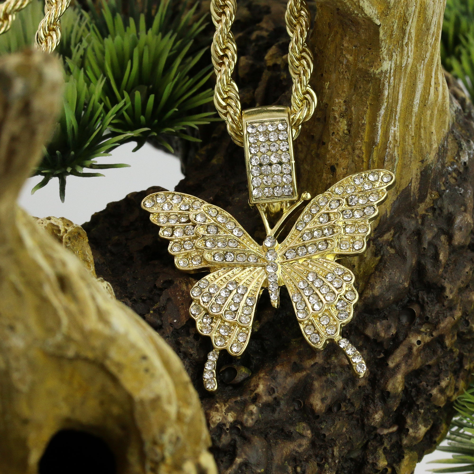 Hip Hop Butterfly Pendant 18k Gold Plated Rope Necklace with Cubic Zirconia Simulated Diamond for Men Women