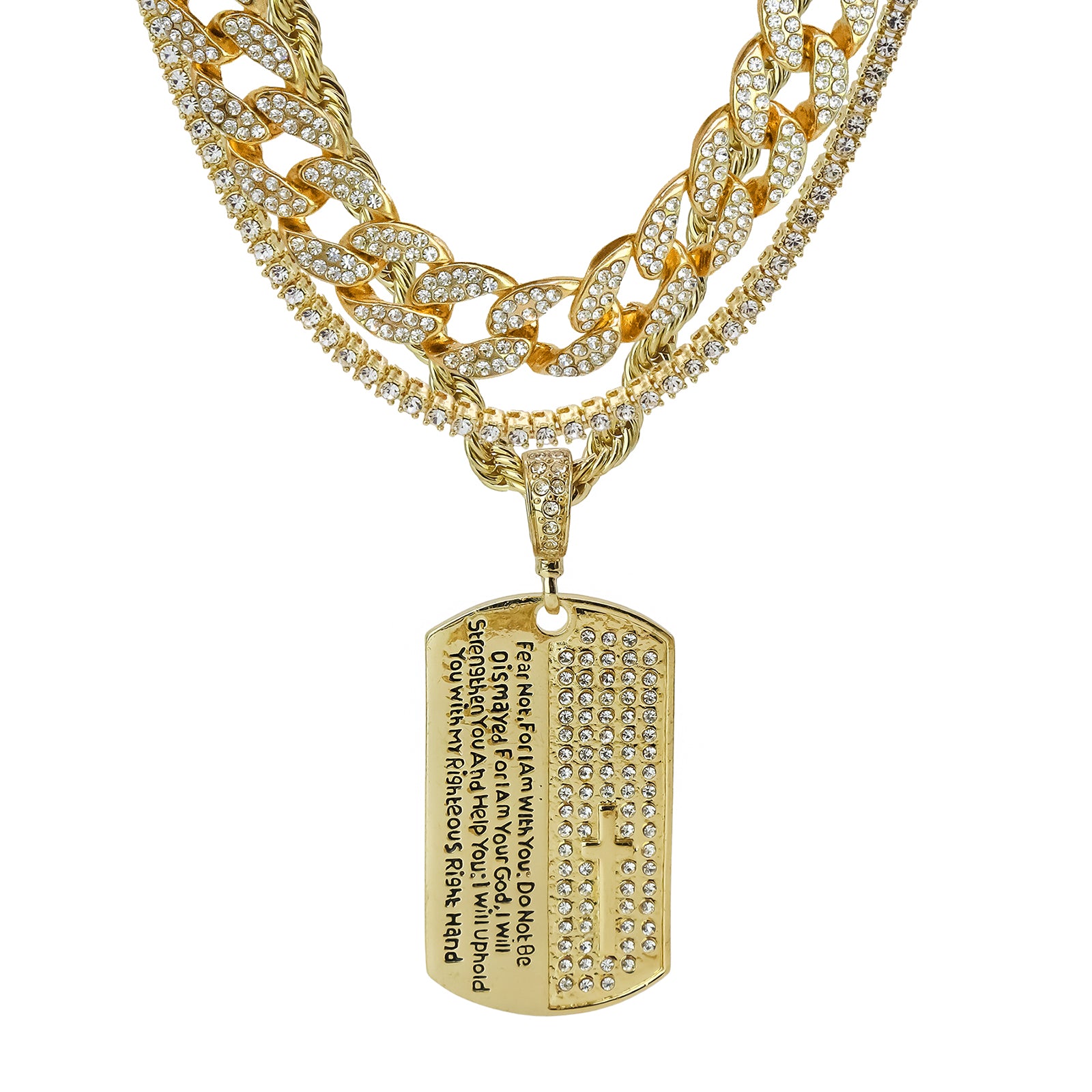 Prayer Dog Tag 4 Pcs Set Clear Cz Cuban, Tennis & Rope Chain Bundle Gold PT