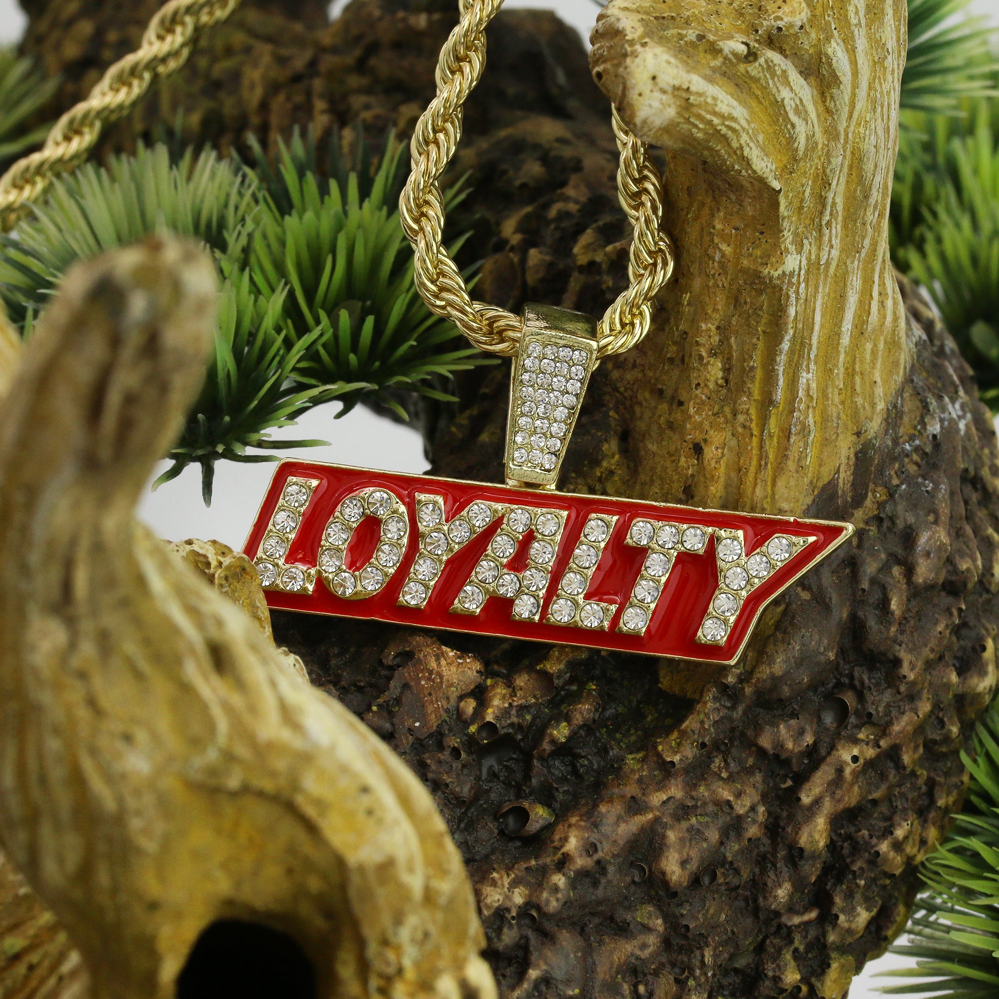Hip Hop Loyalty Block Pendant 18k Gold Plated Rope Necklace with Cubic Zirconia Simulated Diamond for Men Women