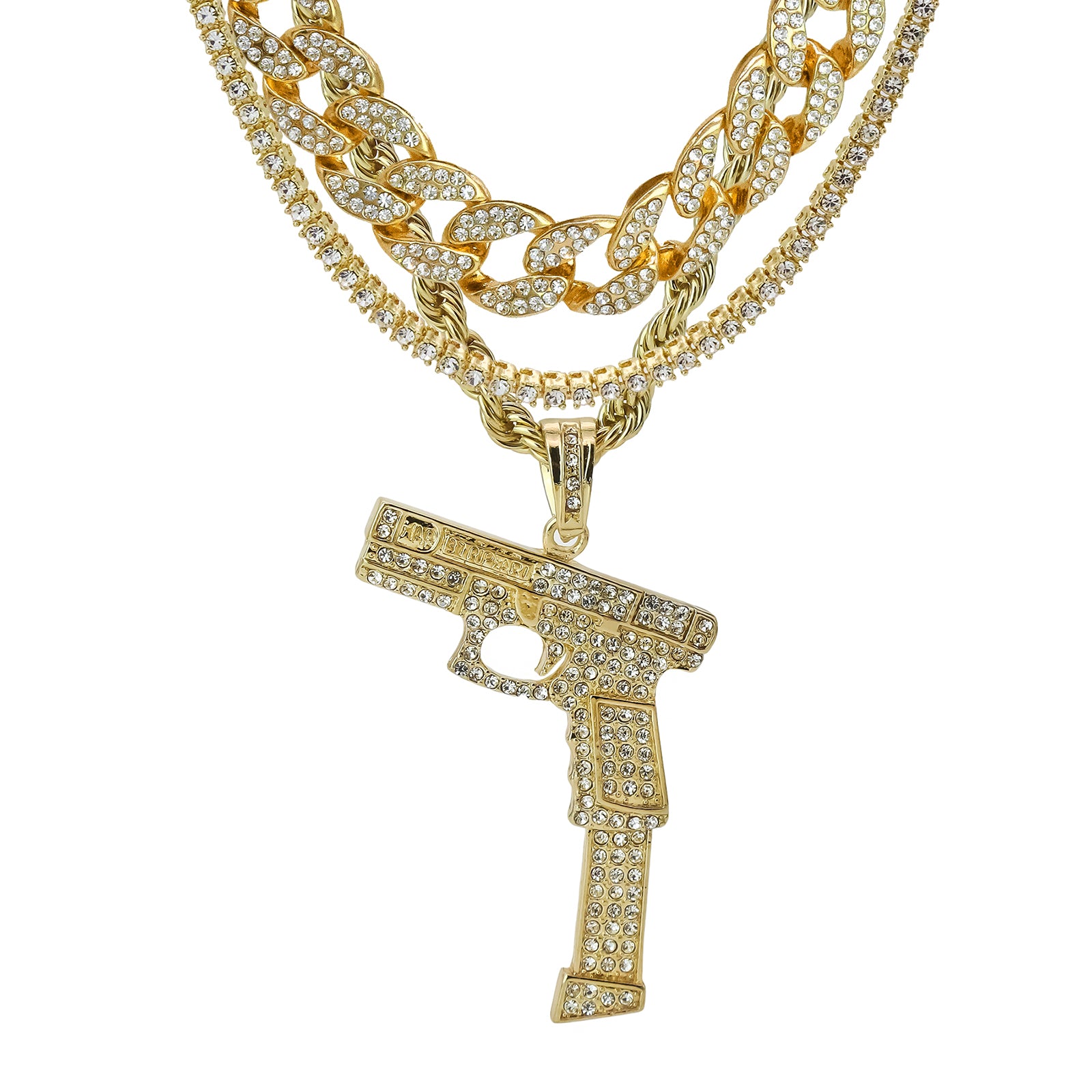 Hand Gun Extend 4 Pcs Set Clear Cz Cuban, Tennis & Rope Chain Bundle Gold PT