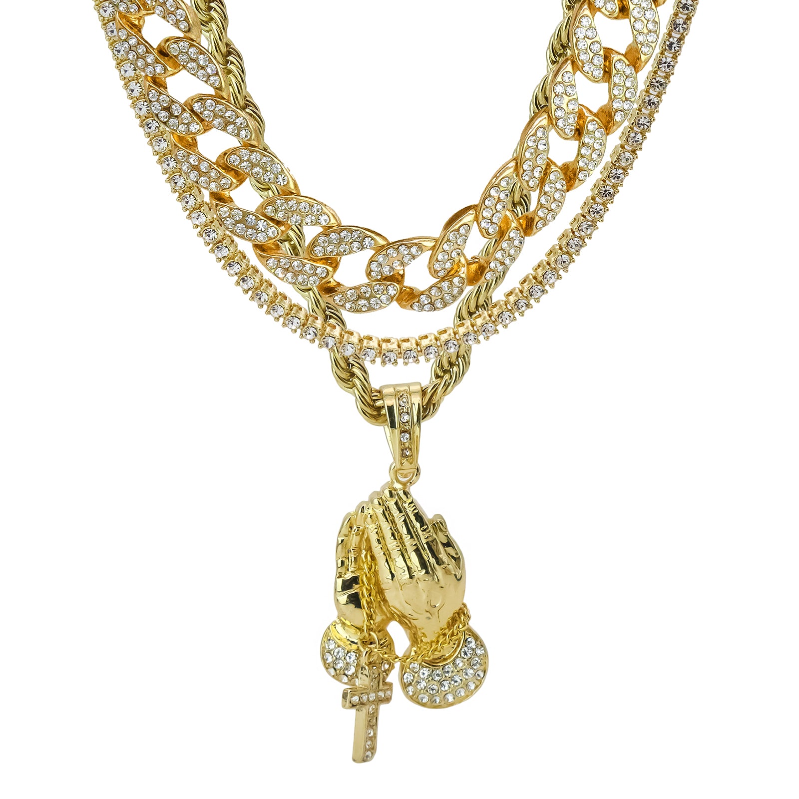 Prayer Hand Cross 4 Pcs Set Clear Cz Cuban, Tennis & Rope Chain Bundle Gold PT