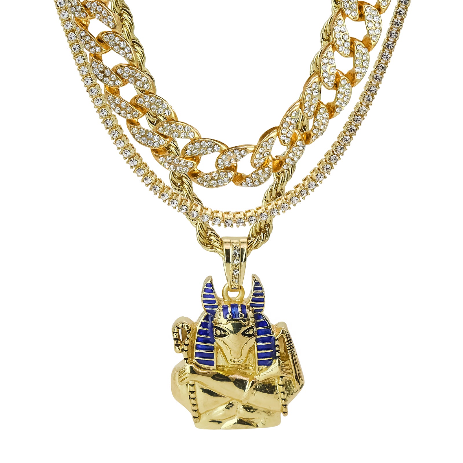 Egyptian God Seth 4 Pcs Set Clear Cz Cuban, Tennis & Rope Chain Bundle Gold PT
