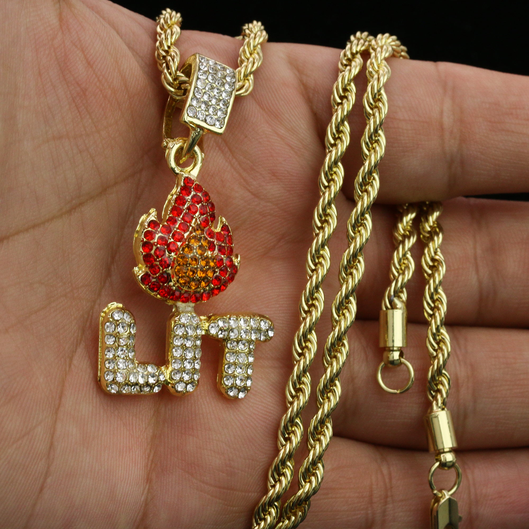 Lit Fire Pendant Rope Necklace Chain Men's Gold Hip Hop 18k Cz Jewelry