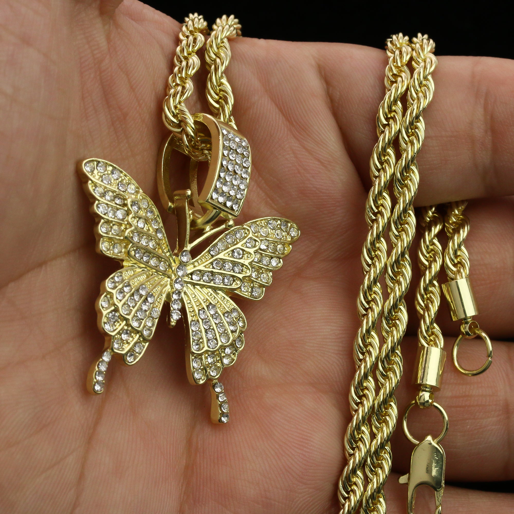 Hip Hop Butterfly Pendant 18k Gold Plated Rope Necklace with Cubic Zirconia Simulated Diamond for Men Women