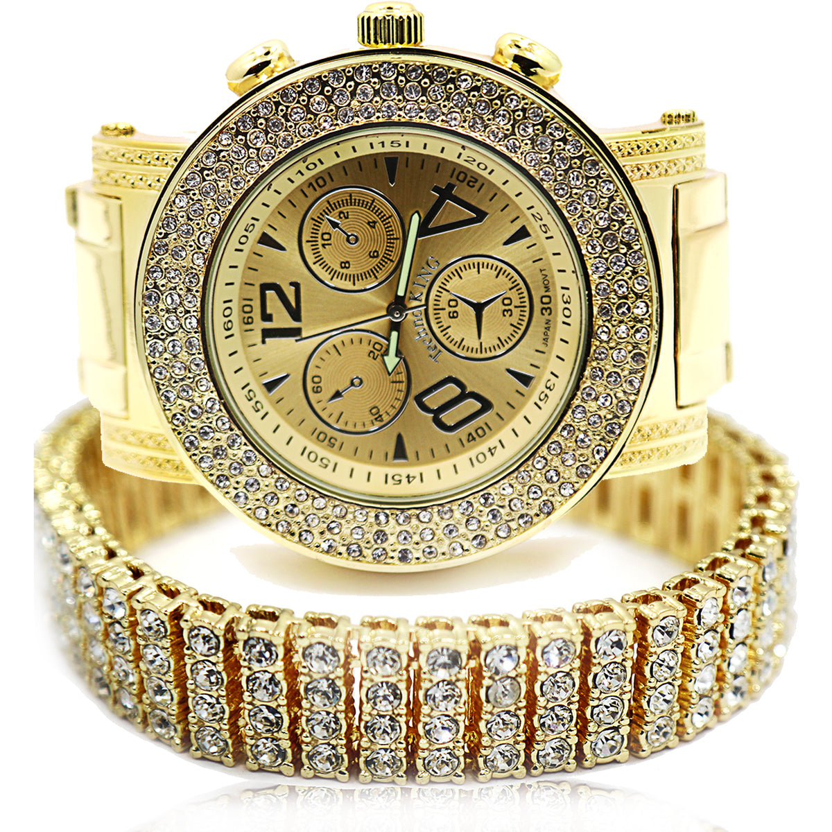TK3 Gold Ice Out Techno KING Watch & Bracelet SET