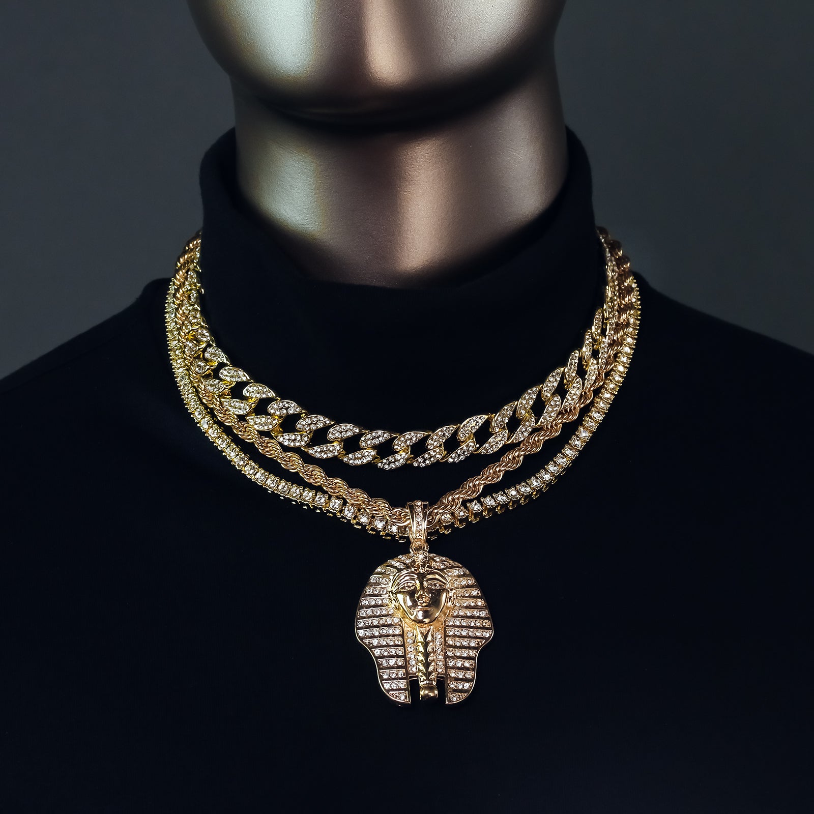 Egyptian Pharaoh 4 Pcs Set Clear Cz Cuban, Tennis & Rope Chain Bundle Gold PT