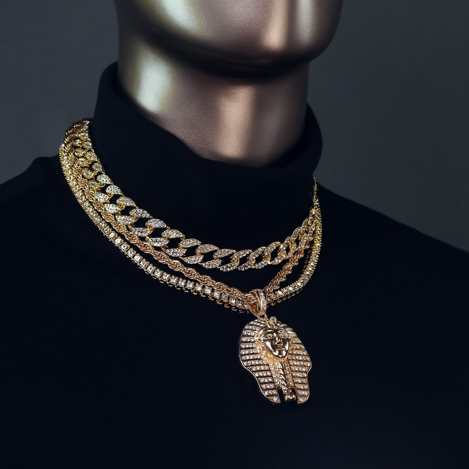 Egyptian Pharaoh 4 Pcs Set Clear Cz Cuban, Tennis & Rope Chain Bundle Gold PT