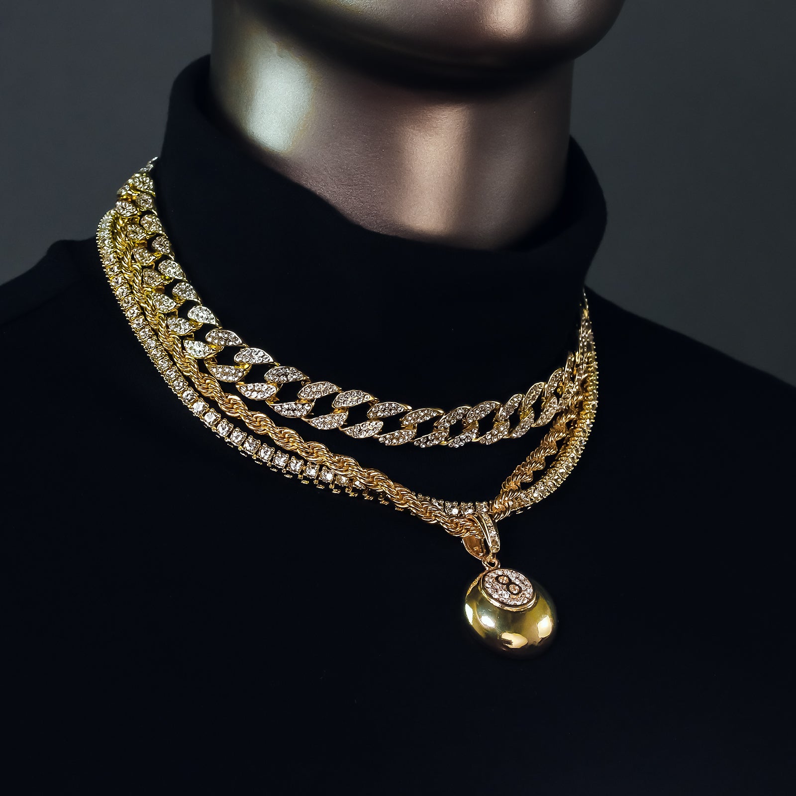 #8 Ball  4 Pcs Set Clear Cz Cuban, Tennis & Rope Chain Bundle Gold PT