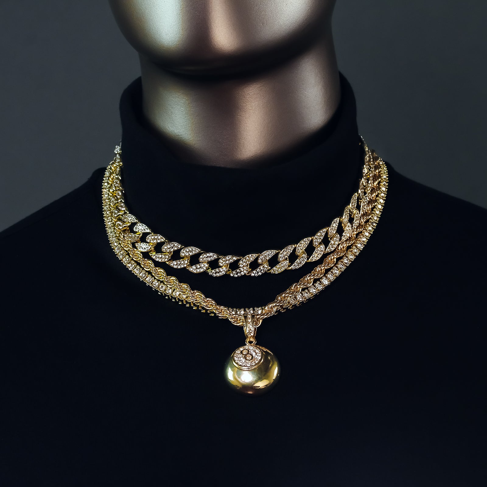 #8 Ball  4 Pcs Set Clear Cz Cuban, Tennis & Rope Chain Bundle Gold PT